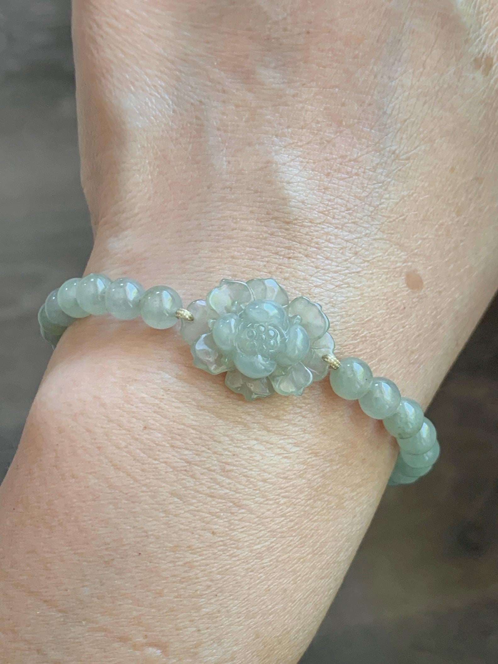 Natural Grade A Icy Highly Translucent Light Beige Jade Jadeite Lotus Flower Teddy Bear Charm Beaded Bracelet 6.75" 天然冰胶淡茶黄翡翠莲花圆珠手串 MQH322