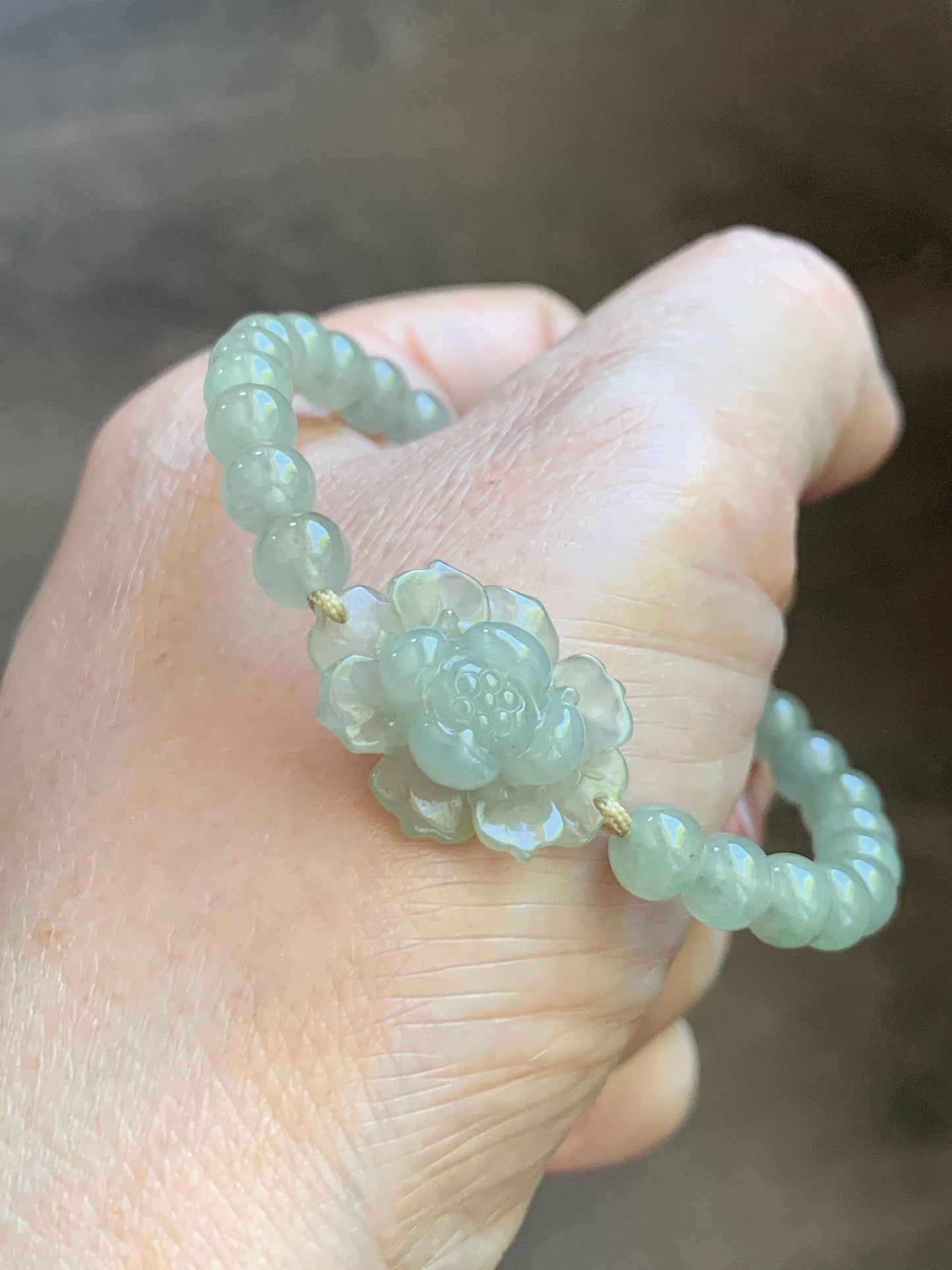 Natural Grade A Icy Highly Translucent Light Beige Jade Jadeite Lotus Flower Teddy Bear Charm Beaded Bracelet 6.75" 天然冰胶淡茶黄翡翠莲花圆珠手串 MQH322