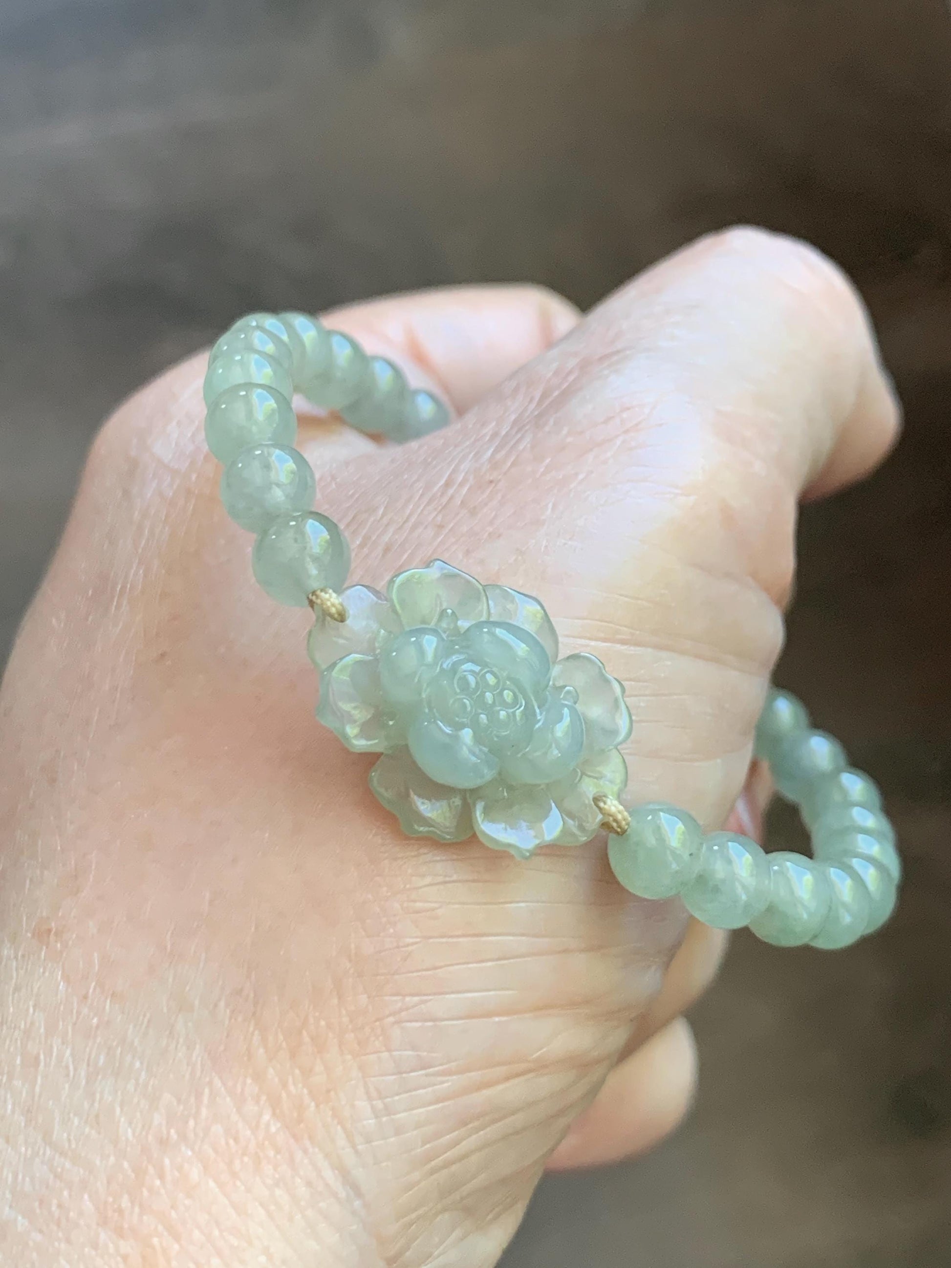 Natural Grade A Icy Highly Translucent Light Beige Jade Jadeite Lotus Flower Teddy Bear Charm Beaded Bracelet 6.75" 天然冰胶淡茶黄翡翠莲花圆珠手串 MQH322