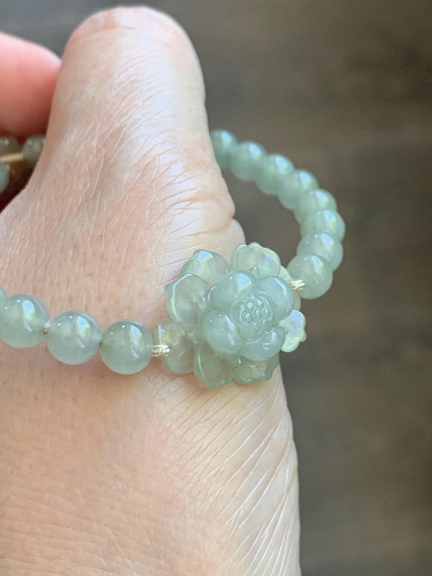 Natural Grade A Icy Highly Translucent Light Beige Jade Jadeite Lotus Flower Teddy Bear Charm Beaded Bracelet 6.75" 天然冰胶淡茶黄翡翠莲花圆珠手串 MQH322