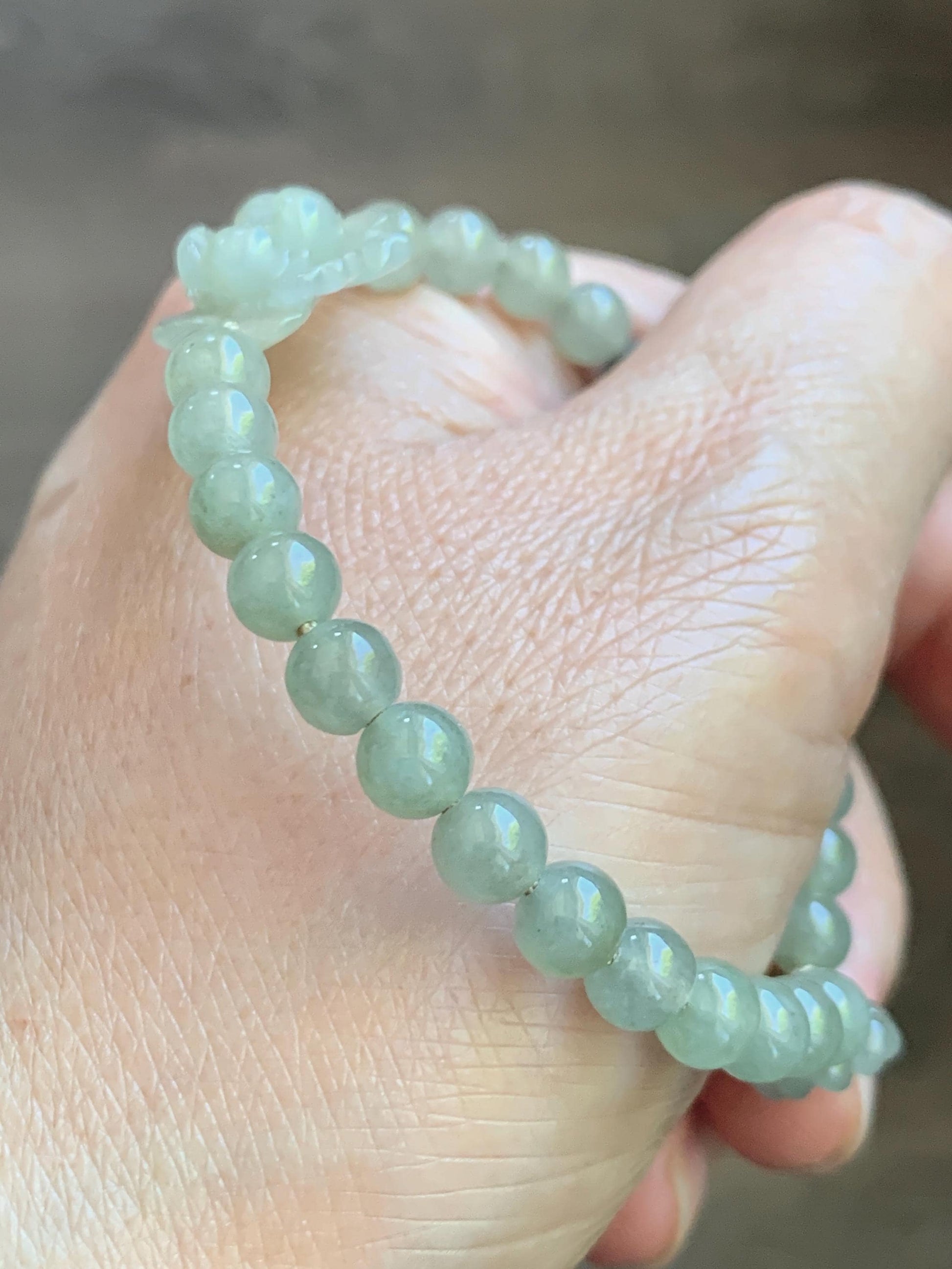 Natural Grade A Icy Highly Translucent Light Beige Jade Jadeite Lotus Flower Teddy Bear Charm Beaded Bracelet 6.75" 天然冰胶淡茶黄翡翠莲花圆珠手串 MQH322
