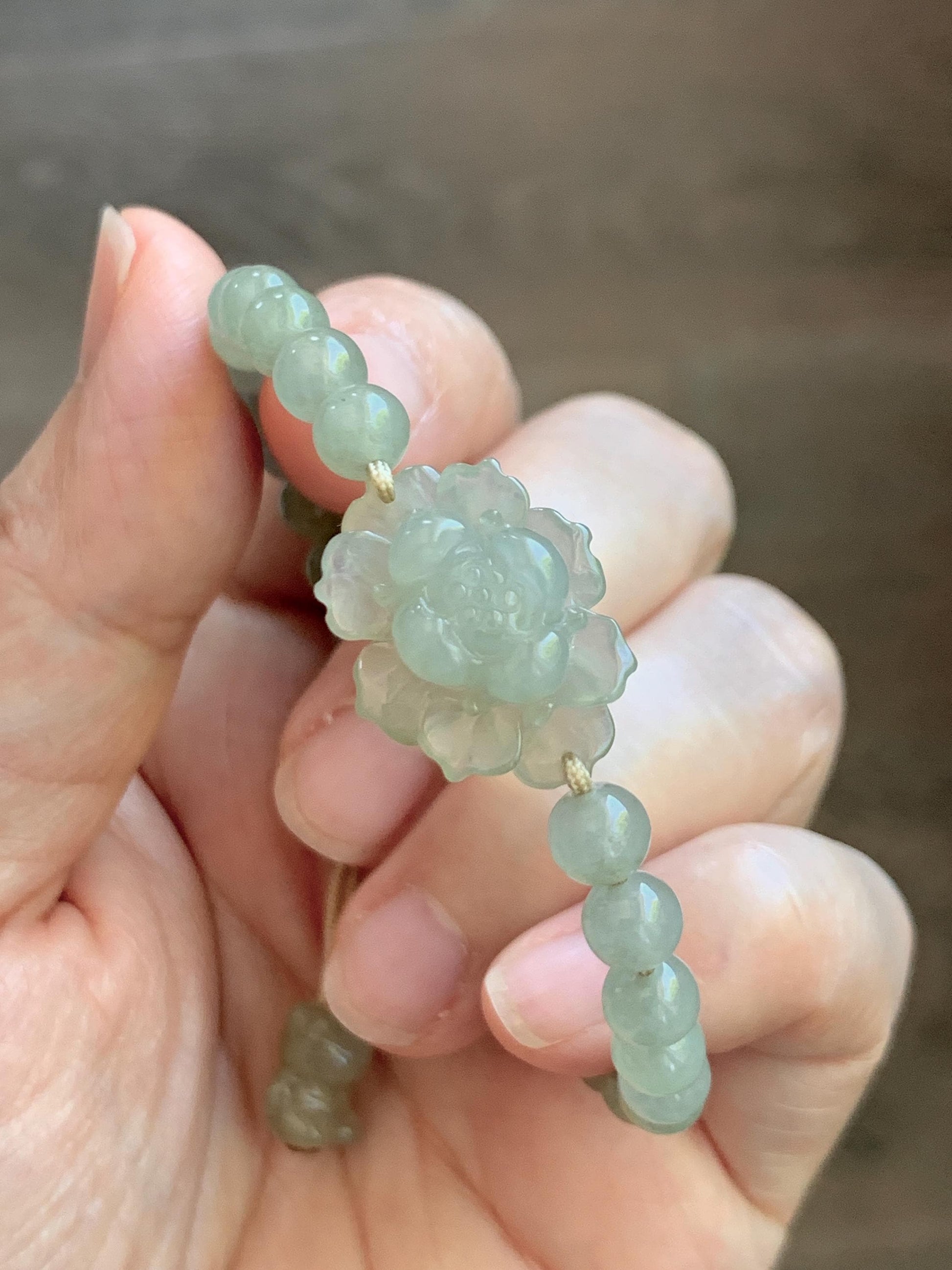 Natural Grade A Icy Highly Translucent Light Beige Jade Jadeite Lotus Flower Teddy Bear Charm Beaded Bracelet 6.75" 天然冰胶淡茶黄翡翠莲花圆珠手串 MQH322