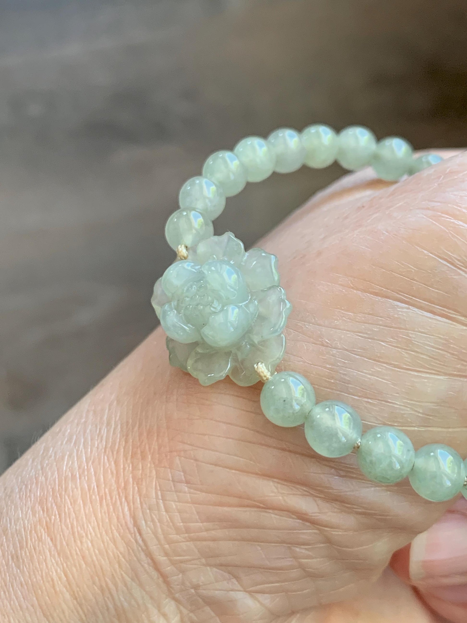 Natural Grade A Icy Highly Translucent Light Beige Jade Jadeite Lotus Flower Teddy Bear Charm Beaded Bracelet 6.75" 天然冰胶淡茶黄翡翠莲花圆珠手串 MQH322