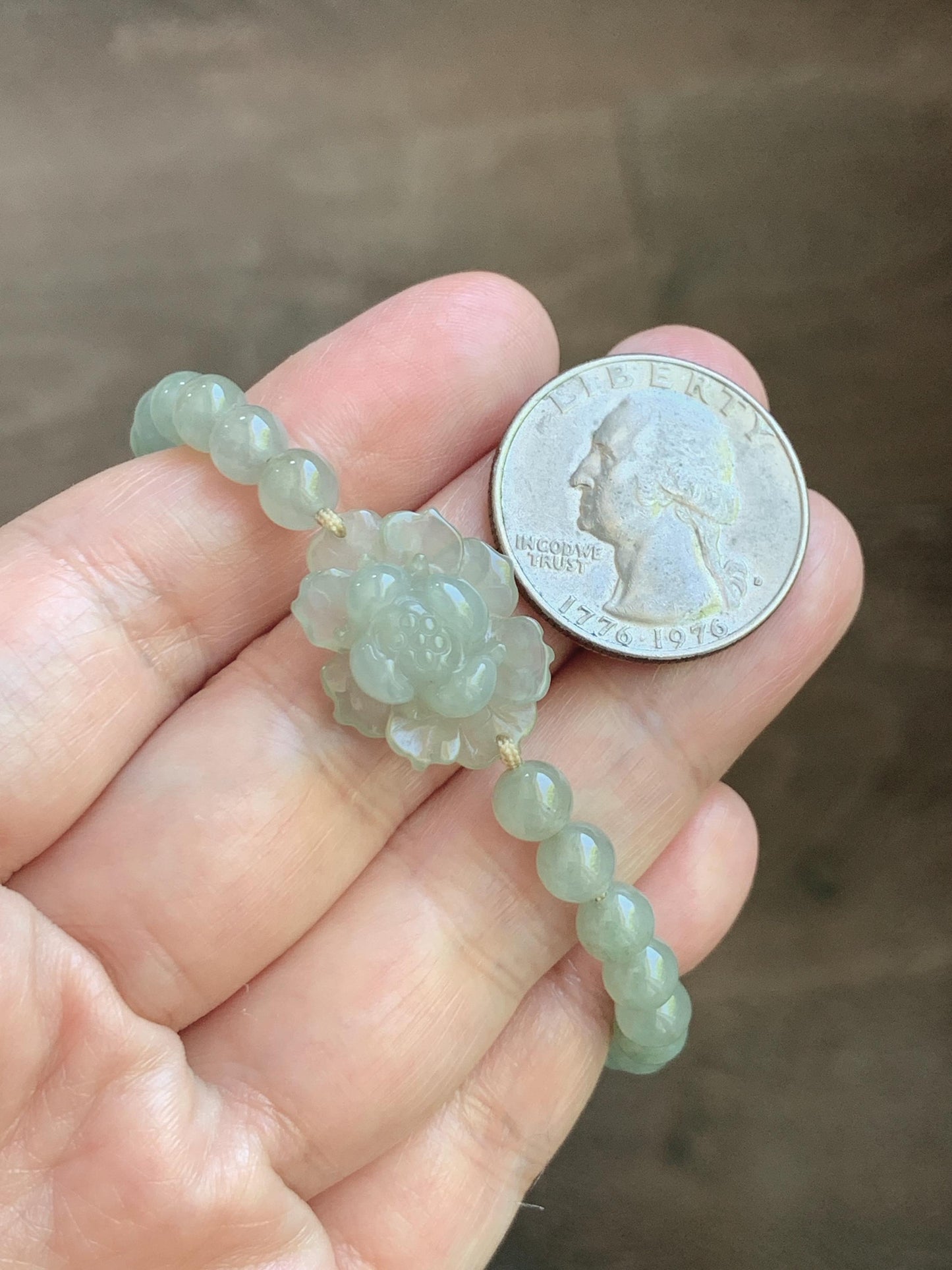 Natural Grade A Icy Highly Translucent Light Beige Jade Jadeite Lotus Flower Teddy Bear Charm Beaded Bracelet 6.75" 天然冰胶淡茶黄翡翠莲花圆珠手串 MQH322