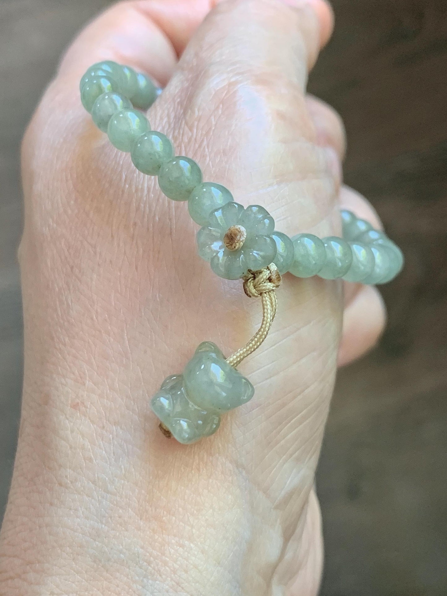 Natural Grade A Icy Highly Translucent Light Beige Jade Jadeite Lotus Flower Teddy Bear Charm Beaded Bracelet 6.75" 天然冰胶淡茶黄翡翠莲花圆珠手串 MQH322
