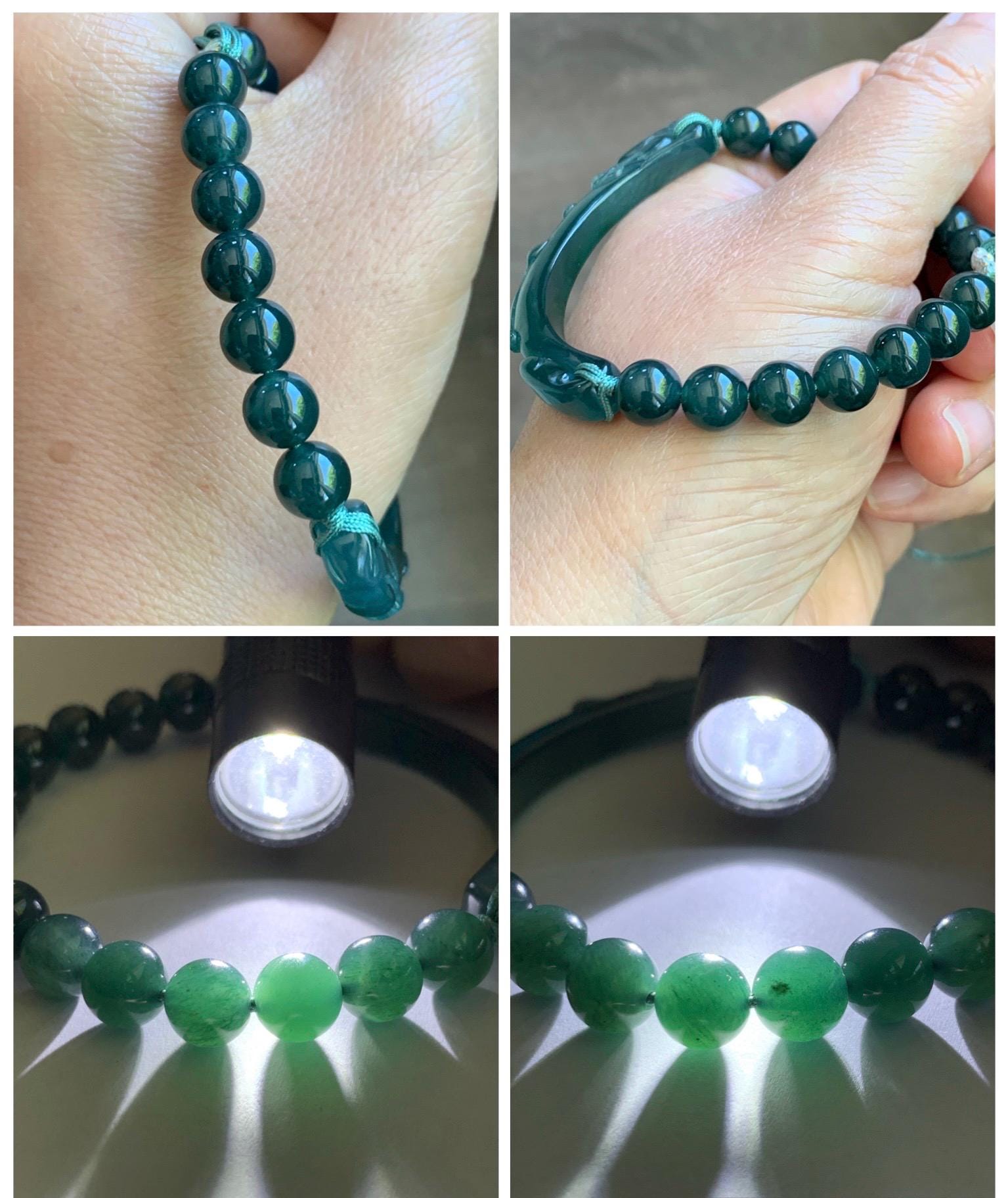 Natural Grade A Guatemalan Icy Translucent Dark Teal Blue & Green Jade Jadeite Dragon Hook Cuff Beaded Bracelet 7" 22g 天然冰危蓝绿龙钩手牌手串 WLG253
