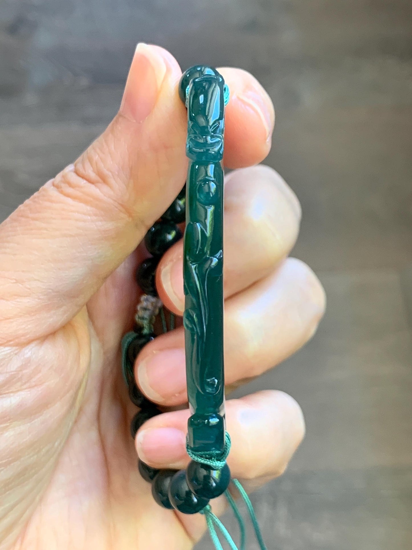 Natural Grade A Guatemalan Icy Translucent Dark Teal Blue & Green Jade Jadeite Dragon Hook Cuff Beaded Bracelet 7" 22g 天然冰危蓝绿龙钩手牌手串 WLG253