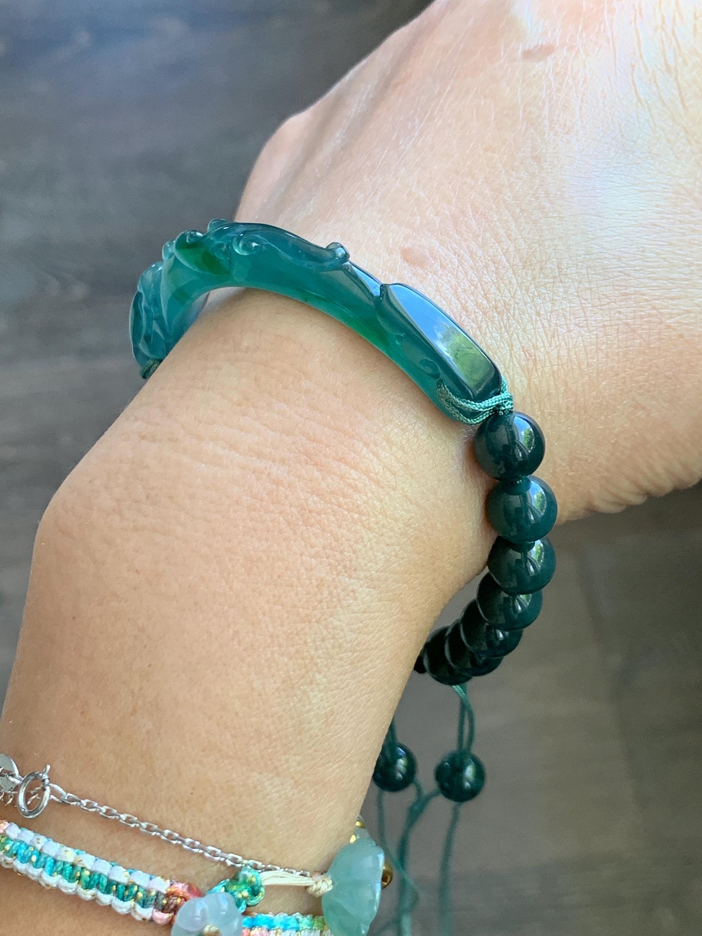 Natural Grade A Guatemalan Icy Translucent Dark Teal Blue & Green Jade Jadeite Dragon Hook Cuff Beaded Bracelet 7" 22g 天然冰危蓝绿龙钩手牌手串 WLG253