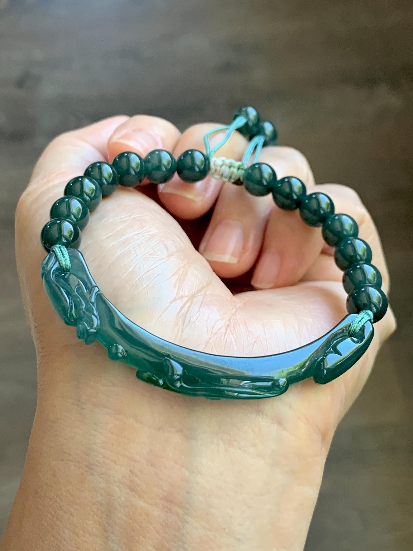Natural Grade A Guatemalan Icy Translucent Dark Teal Blue & Green Jade Jadeite Dragon Hook Cuff Beaded Bracelet 7" 22g 天然冰危蓝绿龙钩手牌手串 WLG253