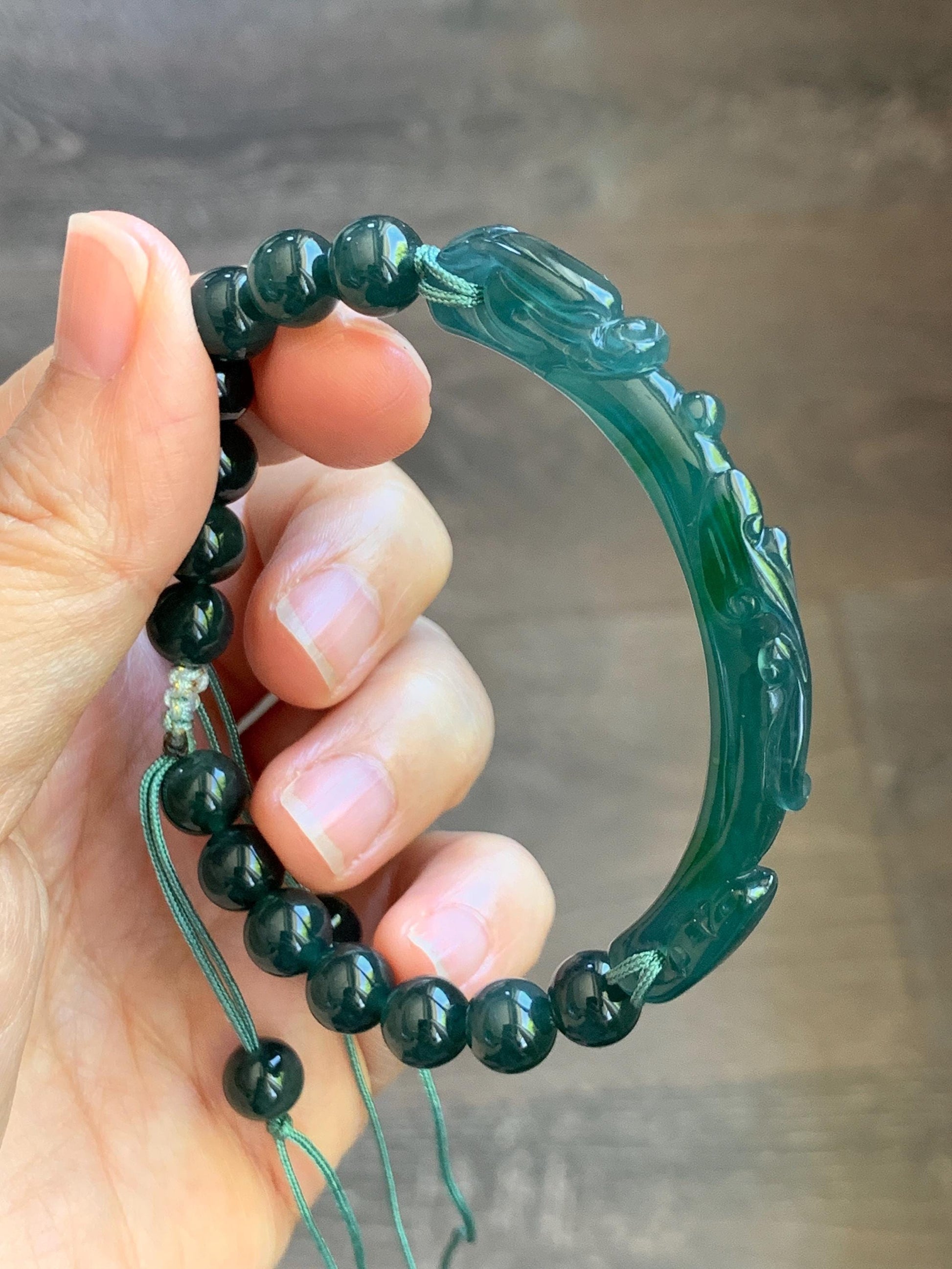 Natural Grade A Guatemalan Icy Translucent Dark Teal Blue & Green Jade Jadeite Dragon Hook Cuff Beaded Bracelet 7" 22g 天然冰危蓝绿龙钩手牌手串 WLG253