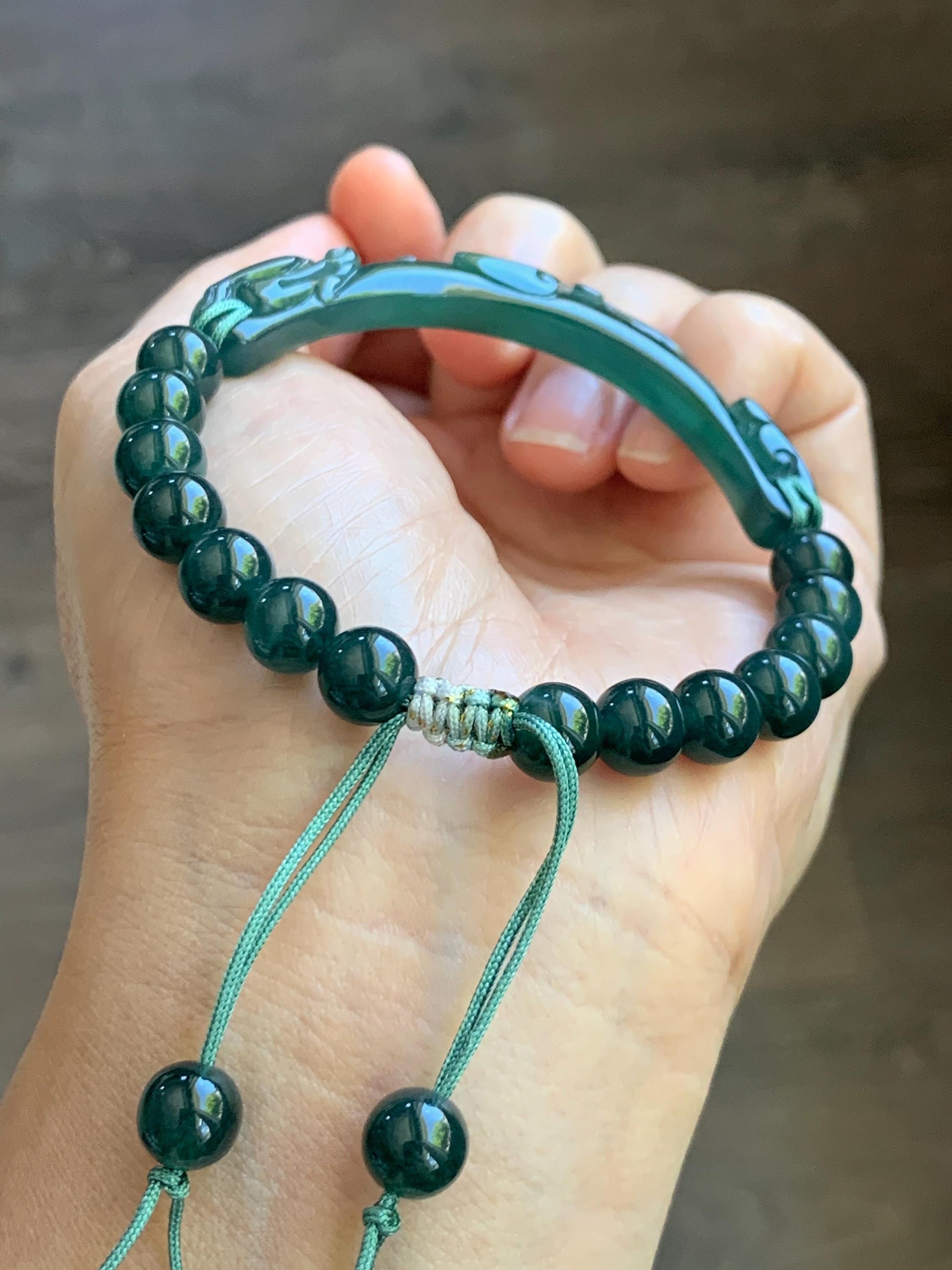 Natural Grade A Guatemalan Icy Translucent Dark Teal Blue & Green Jade Jadeite Dragon Hook Cuff Beaded Bracelet 7" 22g 天然冰危蓝绿龙钩手牌手串 WLG253