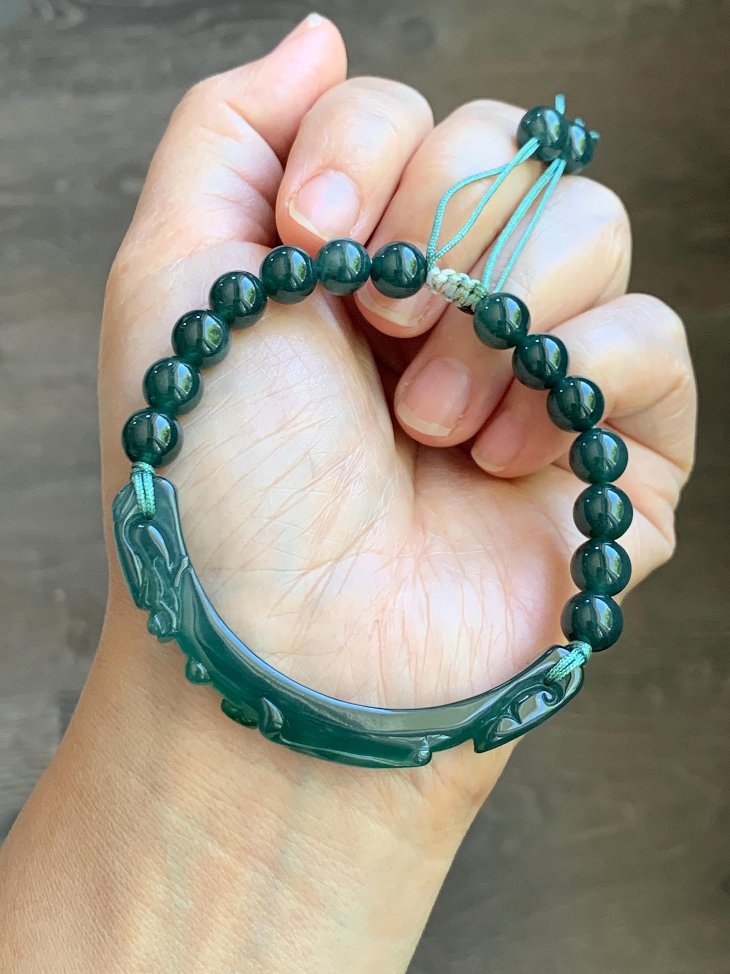 Natural Grade A Guatemalan Icy Translucent Dark Teal Blue & Green Jade Jadeite Dragon Hook Cuff Beaded Bracelet 7" 22g 天然冰危蓝绿龙钩手牌手串 WLG253