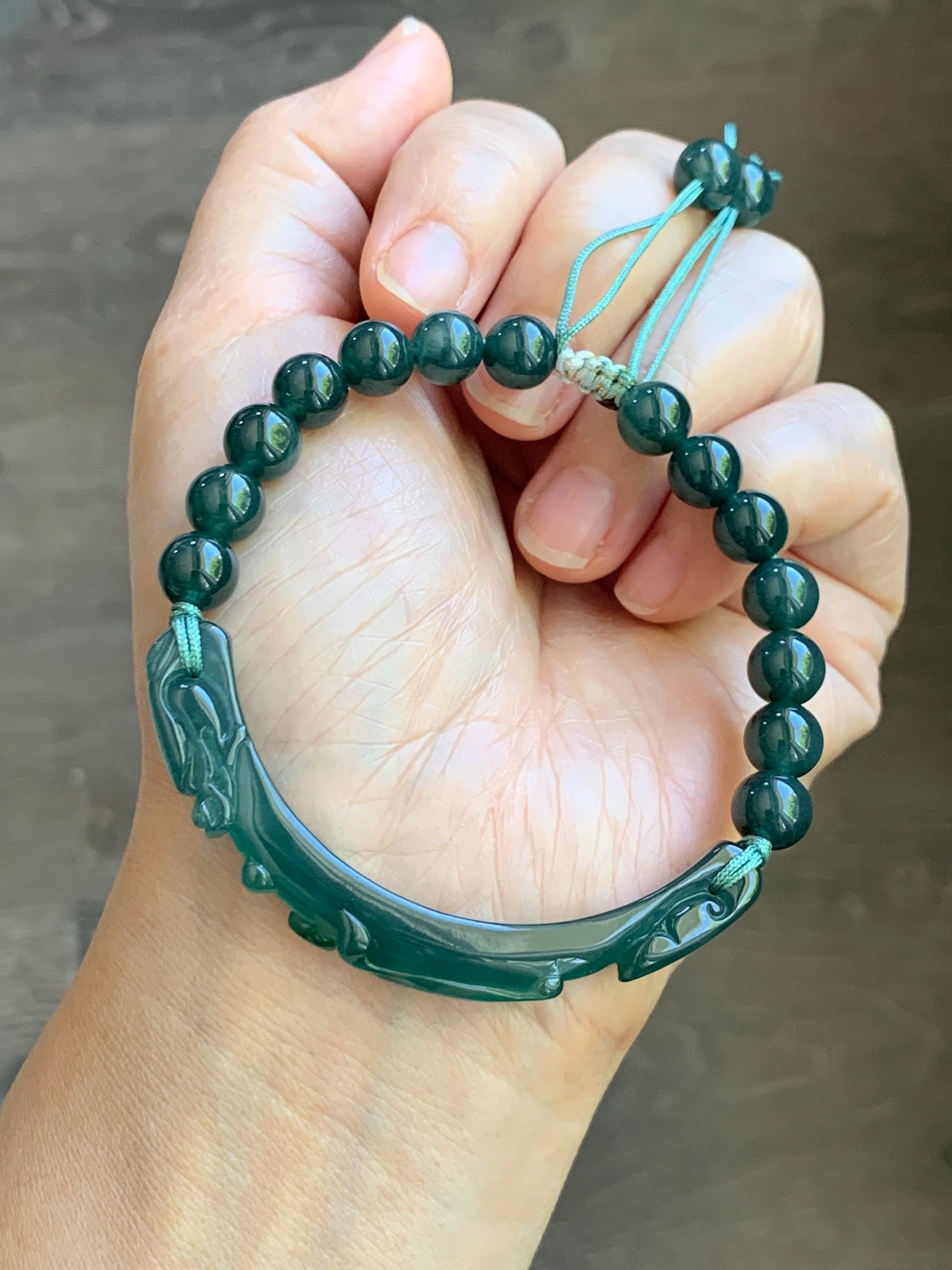 Natural Grade A Guatemalan Icy Translucent Dark Teal Blue & Green Jade Jadeite Dragon Hook Cuff Beaded Bracelet 7" 22g 天然冰危蓝绿龙钩手牌手串 WLG253