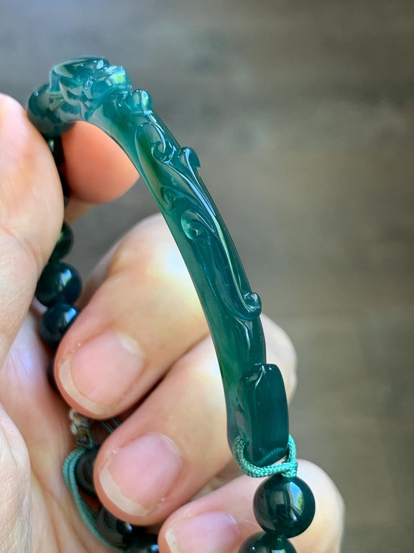Natural Grade A Guatemalan Icy Translucent Dark Teal Blue & Green Jade Jadeite Dragon Hook Cuff Beaded Bracelet 7" 22g 天然冰危蓝绿龙钩手牌手串 WLG253