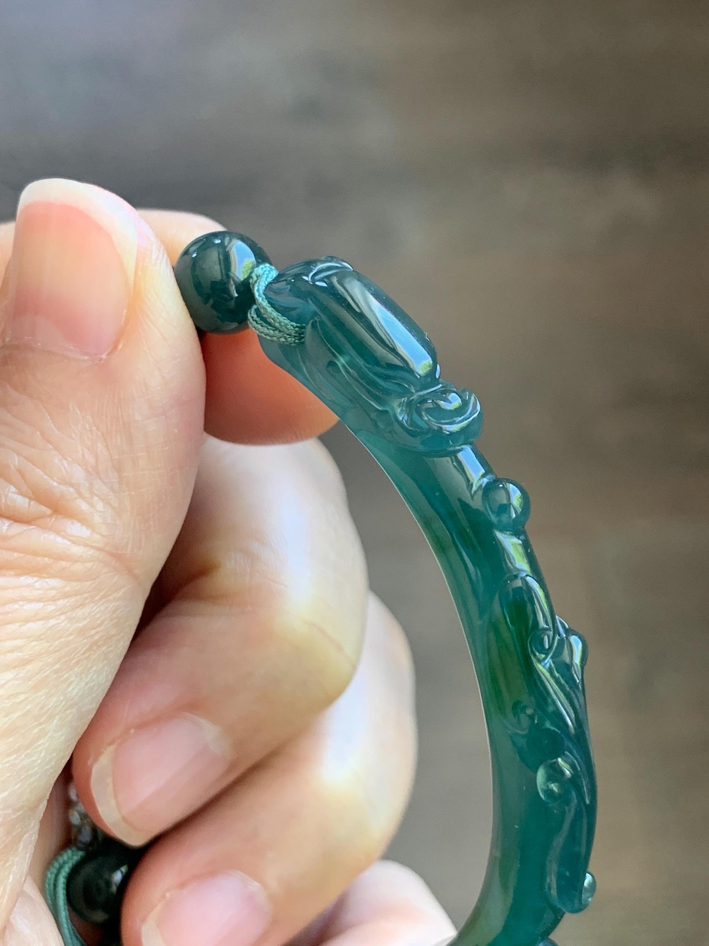 Natural Grade A Guatemalan Icy Translucent Dark Teal Blue & Green Jade Jadeite Dragon Hook Cuff Beaded Bracelet 7" 22g 天然冰危蓝绿龙钩手牌手串 WLG253