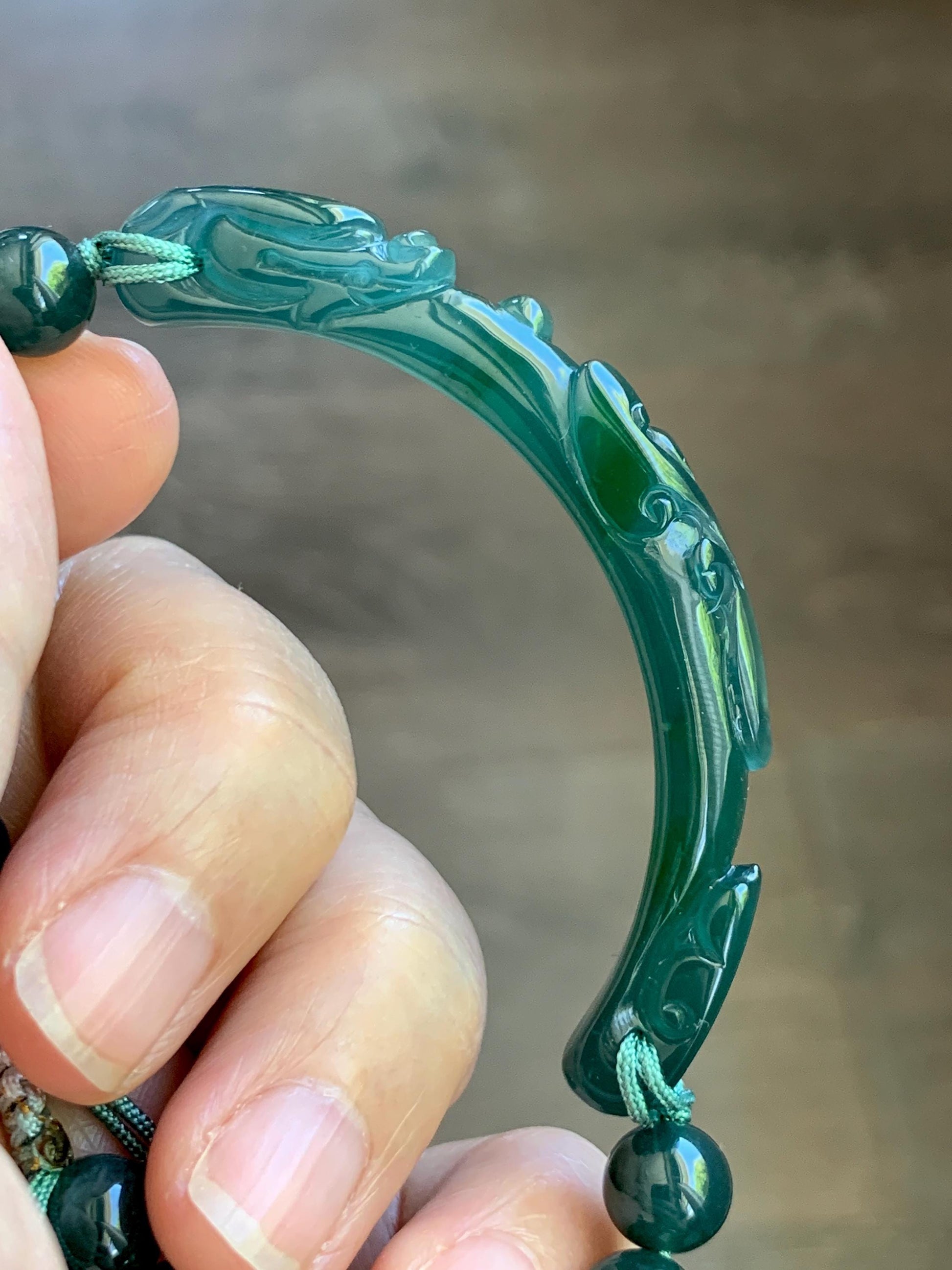 Natural Grade A Guatemalan Icy Translucent Dark Teal Blue & Green Jade Jadeite Dragon Hook Cuff Beaded Bracelet 7" 22g 天然冰危蓝绿龙钩手牌手串 WLG253