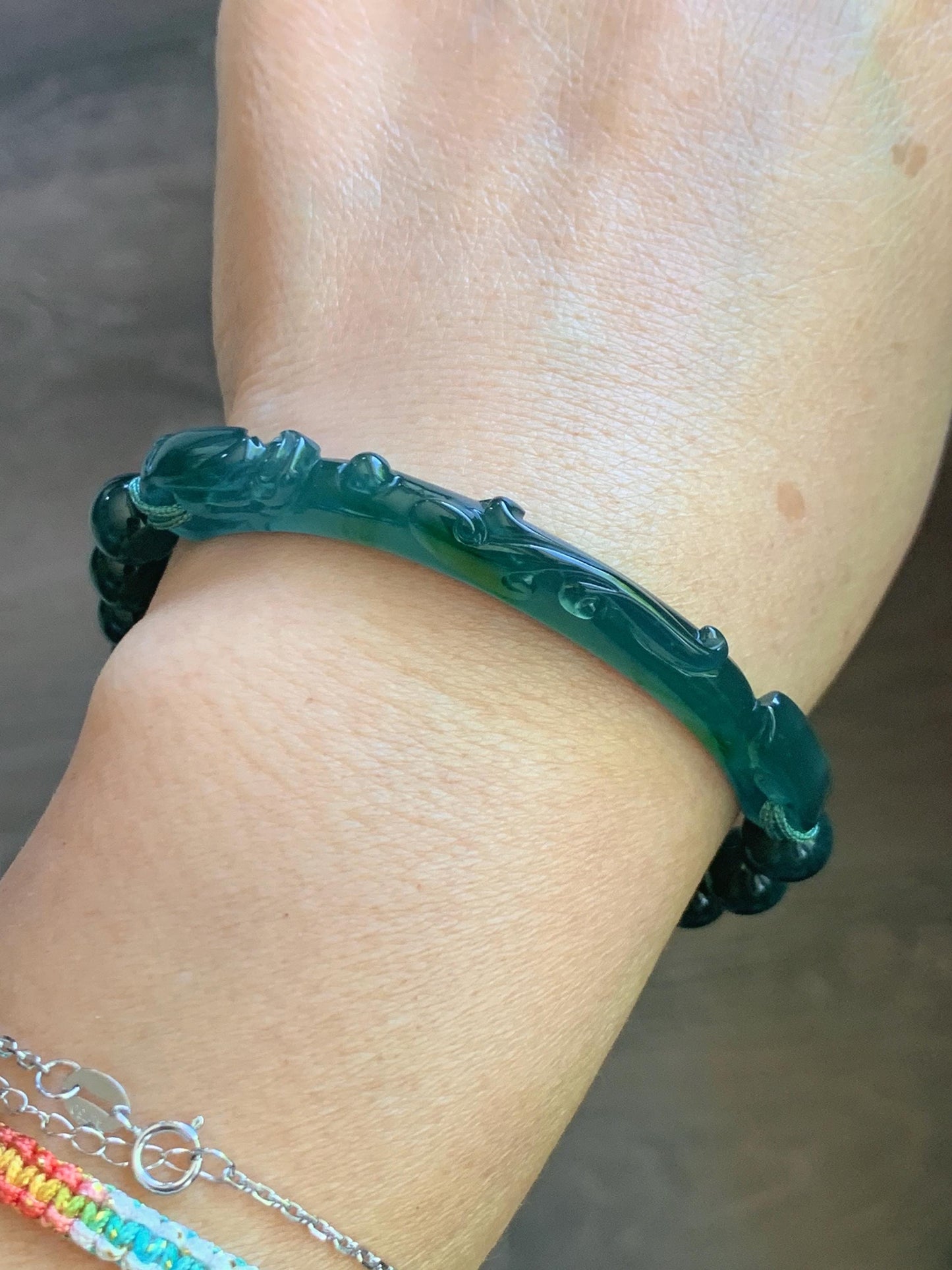 Natural Grade A Guatemalan Icy Translucent Dark Teal Blue & Green Jade Jadeite Dragon Hook Cuff Beaded Bracelet 7" 22g 天然冰危蓝绿龙钩手牌手串 WLG253