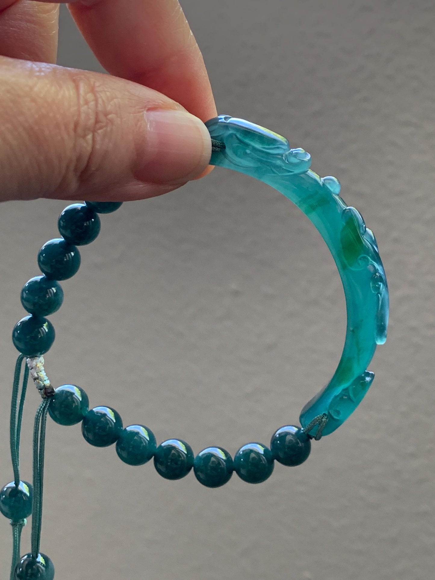 Natural Grade A Guatemalan Icy Translucent Dark Teal Blue & Green Jade Jadeite Dragon Hook Cuff Beaded Bracelet 7" 22g 天然冰危蓝绿龙钩手牌手串 WLG253