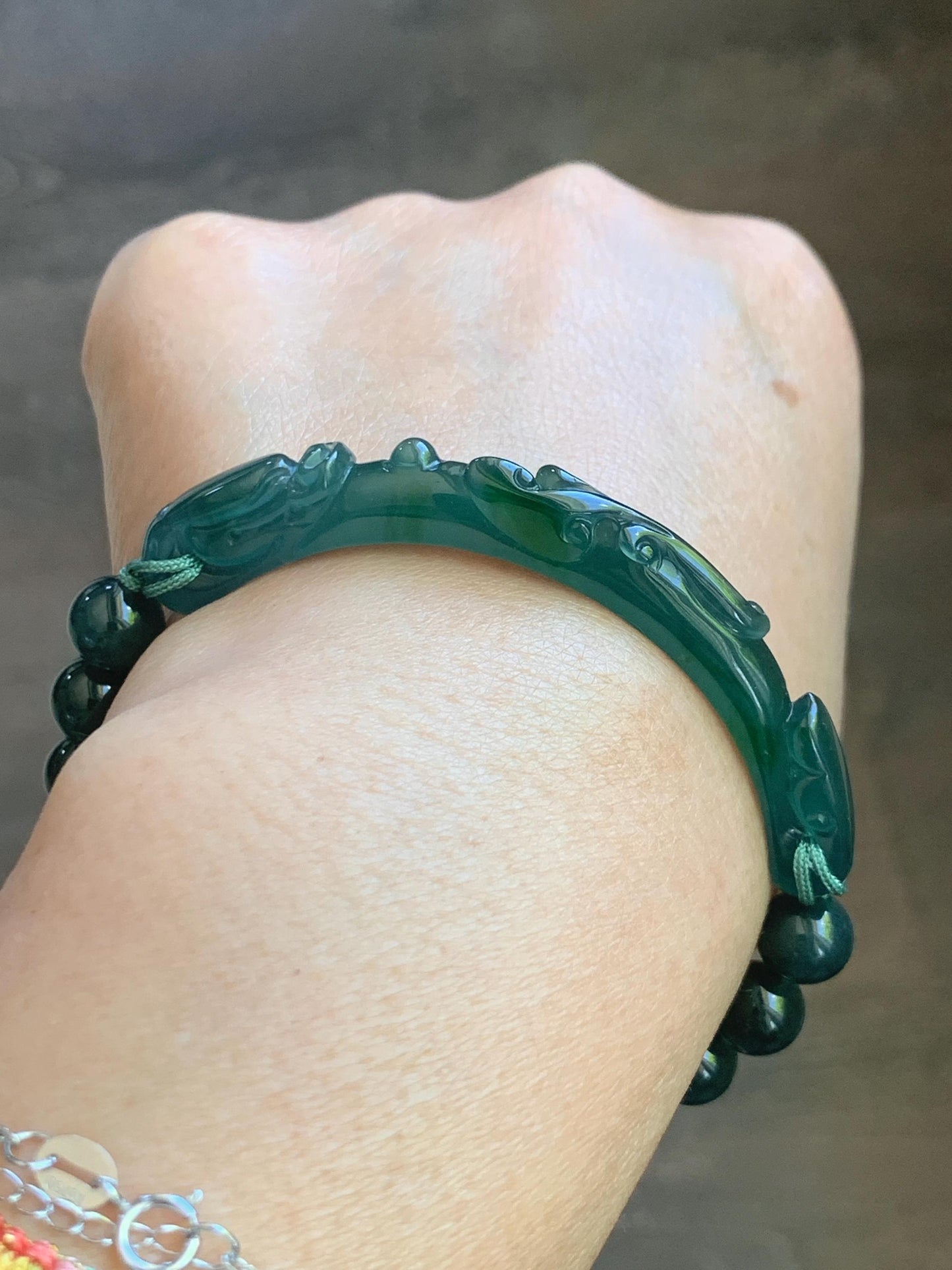 Natural Grade A Guatemalan Icy Translucent Dark Teal Blue & Green Jade Jadeite Dragon Hook Cuff Beaded Bracelet 7" 22g 天然冰危蓝绿龙钩手牌手串 WLG253