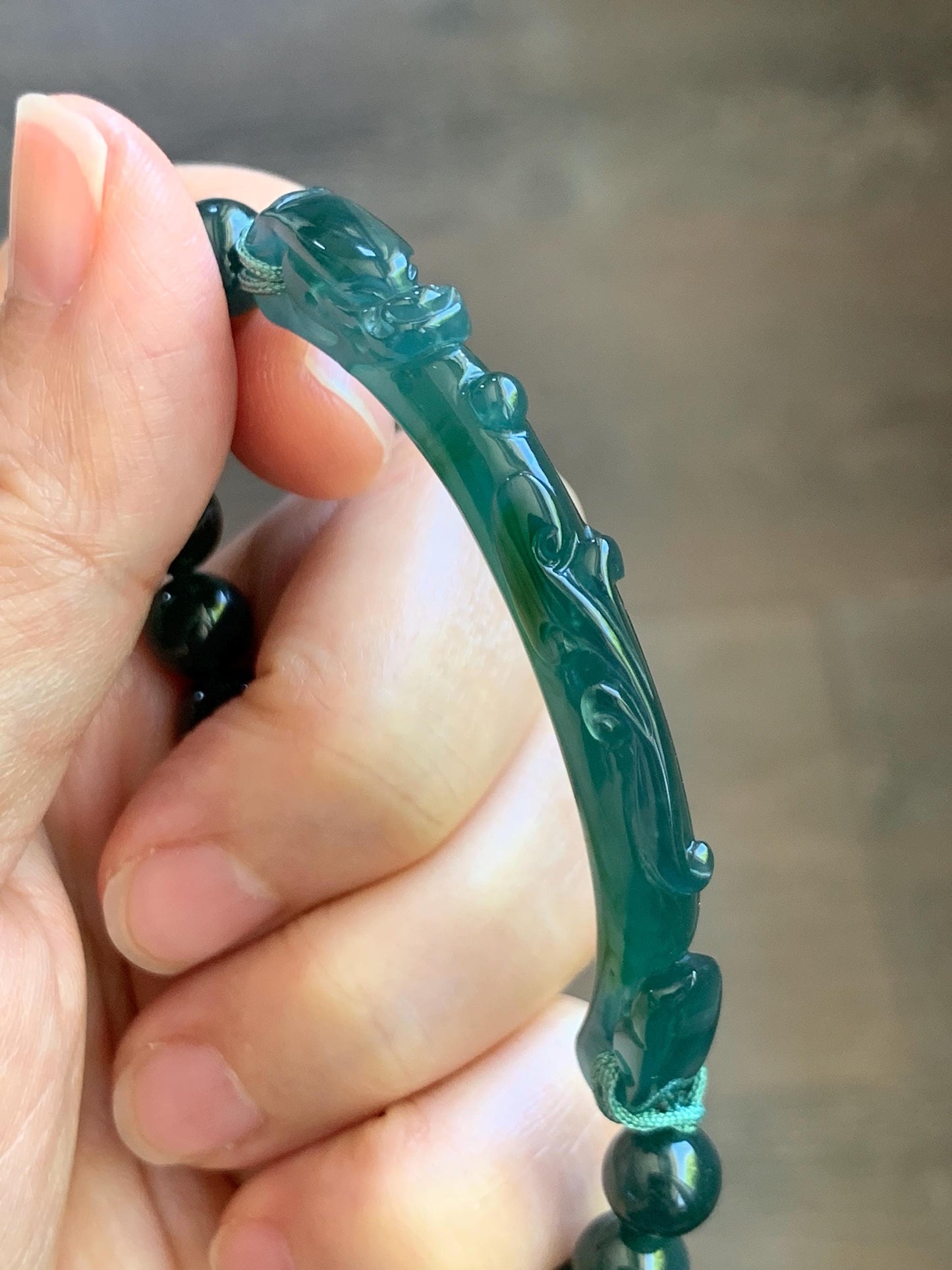 Natural Grade A Guatemalan Icy Translucent Dark Teal Blue & Green Jade Jadeite Dragon Hook Cuff Beaded Bracelet 7" 22g 天然冰危蓝绿龙钩手牌手串 WLG253