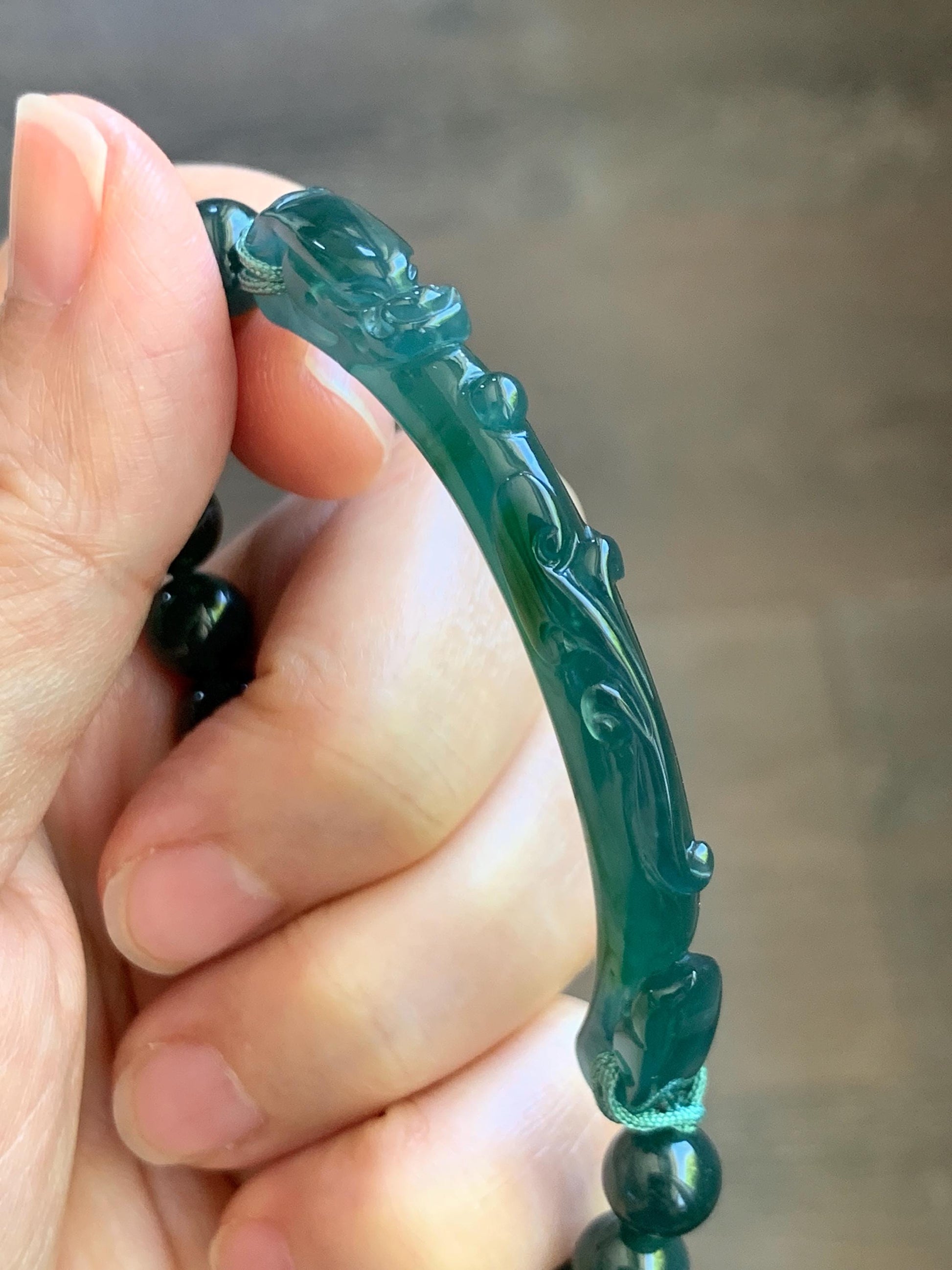 Natural Grade A Guatemalan Icy Translucent Dark Teal Blue & Green Jade Jadeite Dragon Hook Cuff Beaded Bracelet 7" 22g 天然冰危蓝绿龙钩手牌手串 WLG253