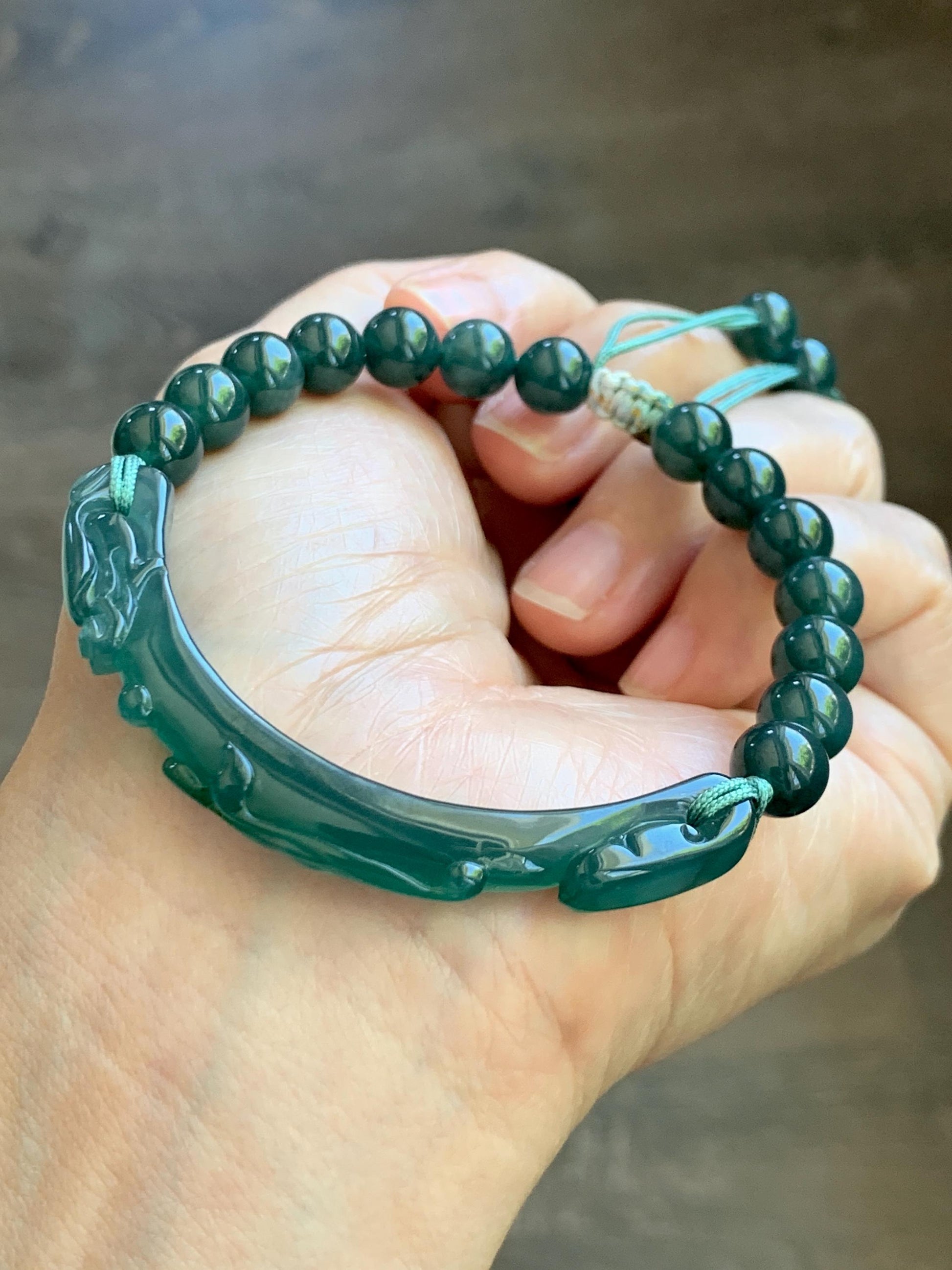 Natural Grade A Guatemalan Icy Translucent Dark Teal Blue & Green Jade Jadeite Dragon Hook Cuff Beaded Bracelet 7" 22g 天然冰危蓝绿龙钩手牌手串 WLG253