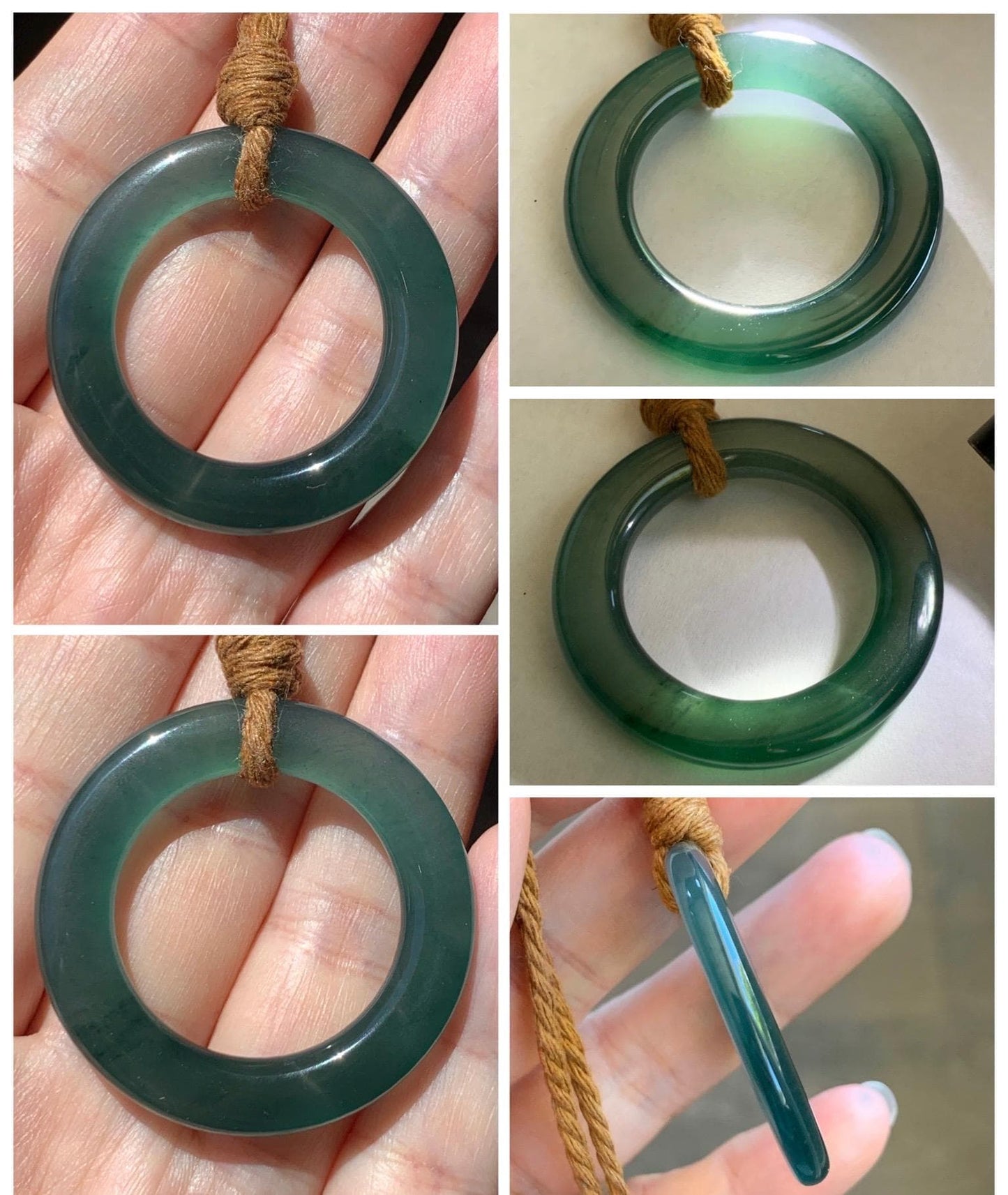 Natural Grade A Guatemalan Icy Translucent Dark Teal Green Jade Jadeite Ping An Kou Ring Pendant Rope Necklace 26” 11g 天然冰胶危深蓝绿翡翠平安圈吊坠WTQ165