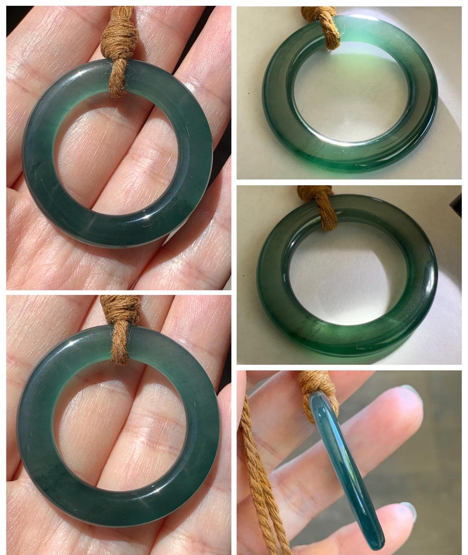Natural Grade A Guatemalan Icy Translucent Dark Teal Green Jade Jadeite Ping An Kou Ring Pendant Rope Necklace 26” 11g 天然冰胶危深蓝绿翡翠平安圈吊坠WTQ165