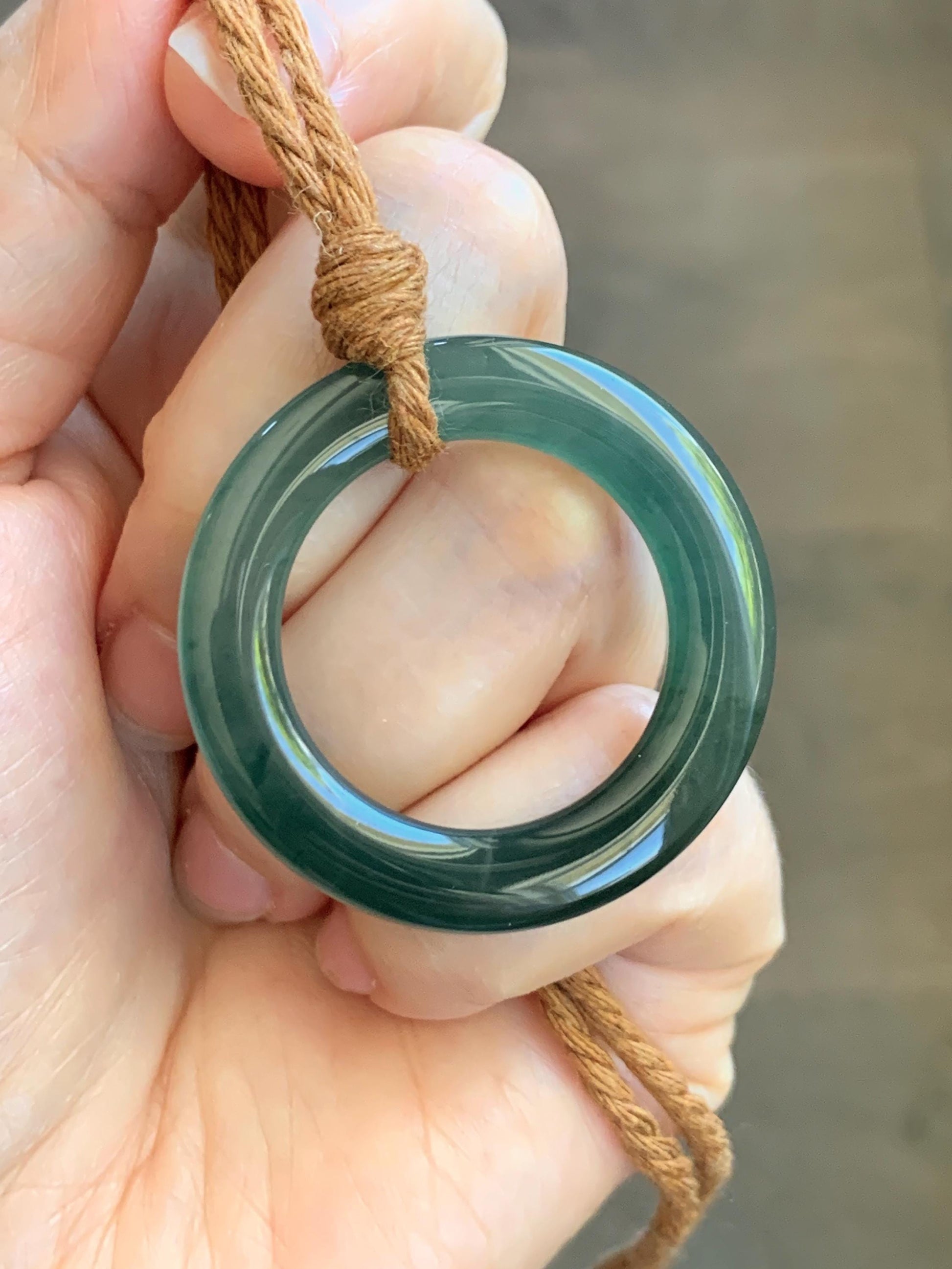Natural Grade A Guatemalan Icy Translucent Dark Teal Green Jade Jadeite Ping An Kou Ring Pendant Rope Necklace 26” 11g 天然冰胶危深蓝绿翡翠平安圈吊坠WTQ165