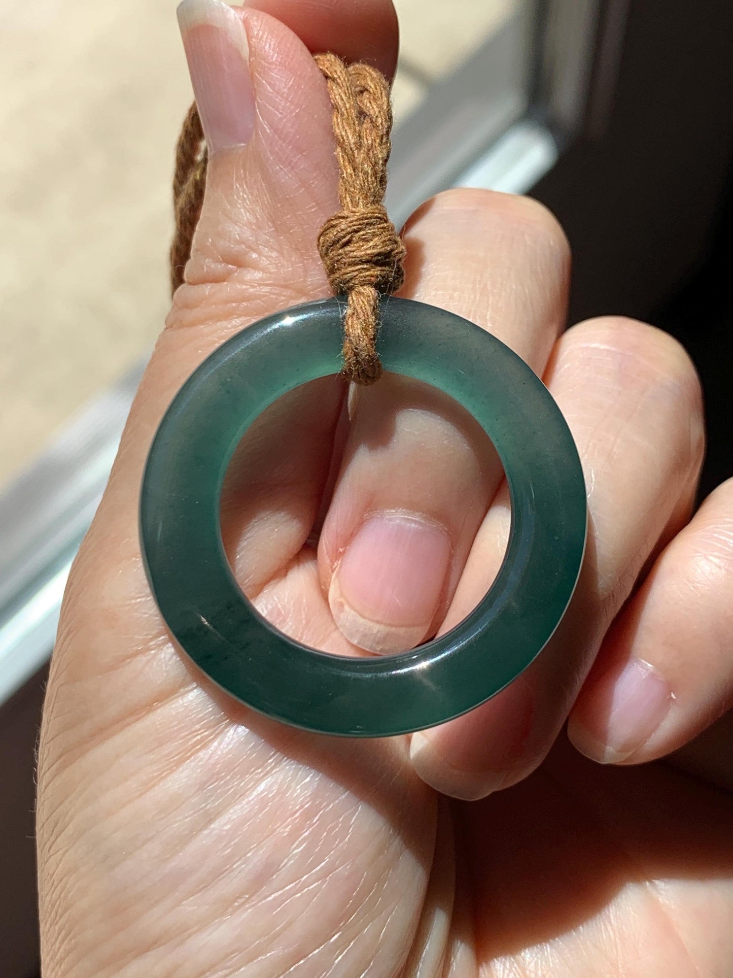 Natural Grade A Guatemalan Icy Translucent Dark Teal Green Jade Jadeite Ping An Kou Ring Pendant Rope Necklace 26” 11g 天然冰胶危深蓝绿翡翠平安圈吊坠WTQ165