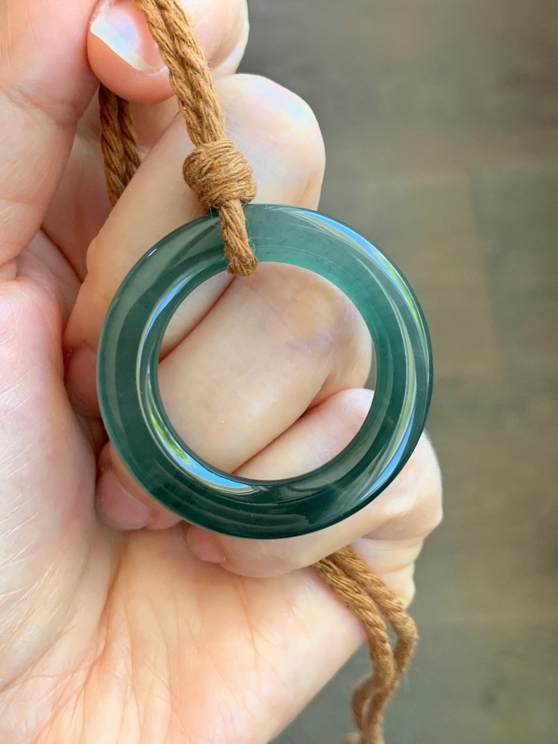 Natural Grade A Guatemalan Icy Translucent Dark Teal Green Jade Jadeite Ping An Kou Ring Pendant Rope Necklace 26” 11g 天然冰胶危深蓝绿翡翠平安圈吊坠WTQ165