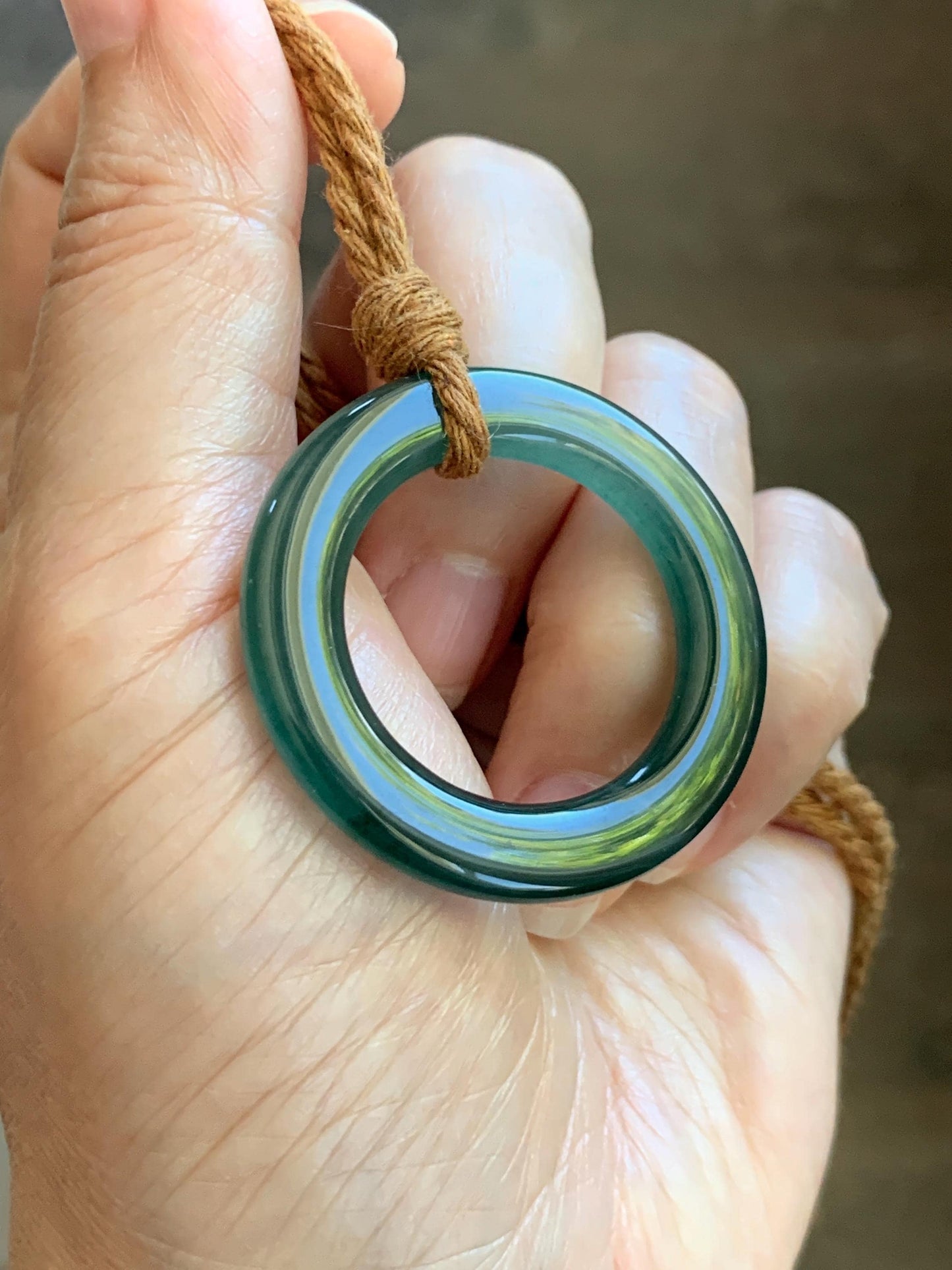 Natural Grade A Guatemalan Icy Translucent Dark Teal Green Jade Jadeite Ping An Kou Ring Pendant Rope Necklace 26” 11g 天然冰胶危深蓝绿翡翠平安圈吊坠WTQ165