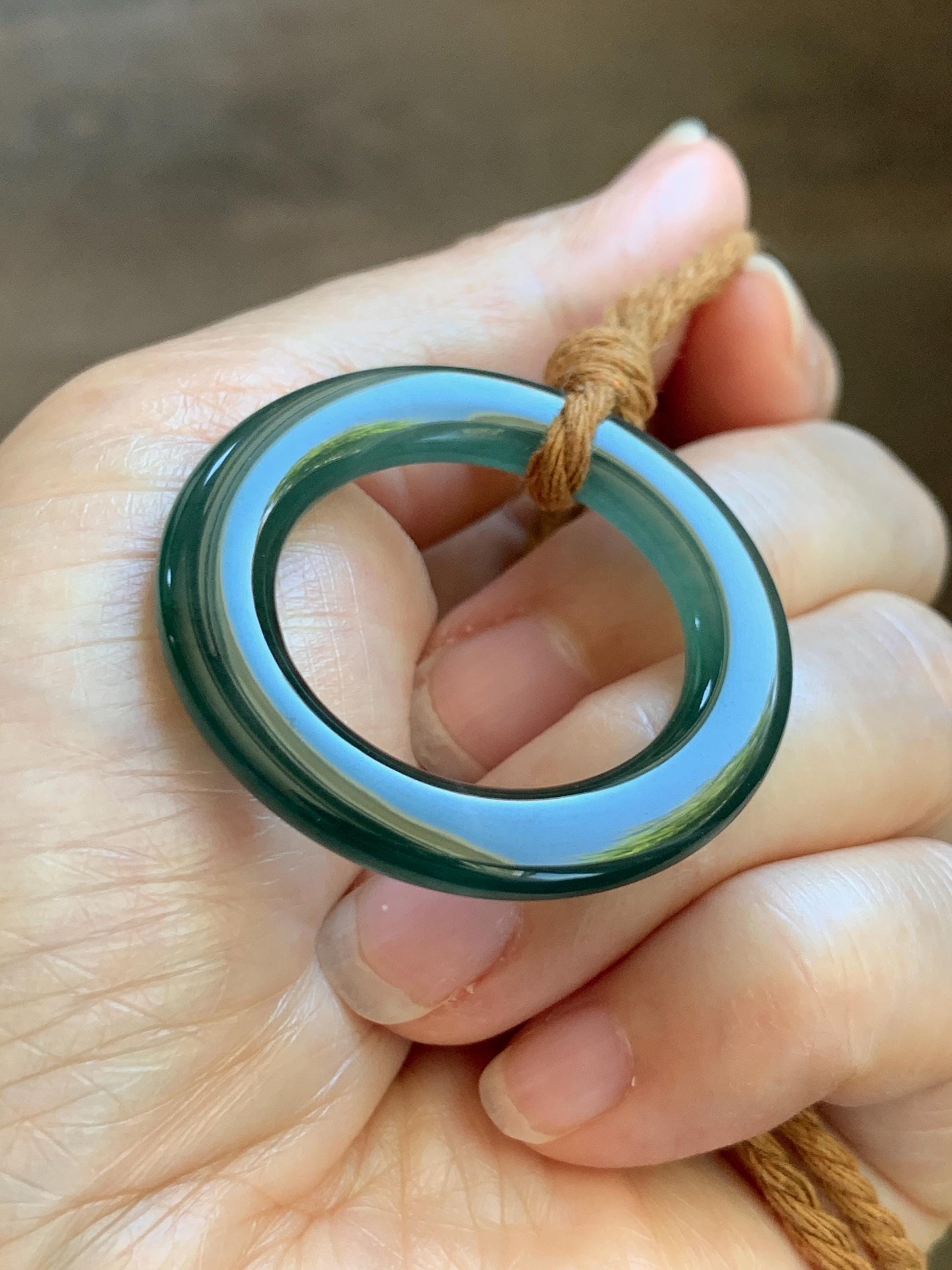 Natural Grade A Guatemalan Icy Translucent Dark Teal Green Jade Jadeite Ping An Kou Ring Pendant Rope Necklace 26” 11g 天然冰胶危深蓝绿翡翠平安圈吊坠WTQ165