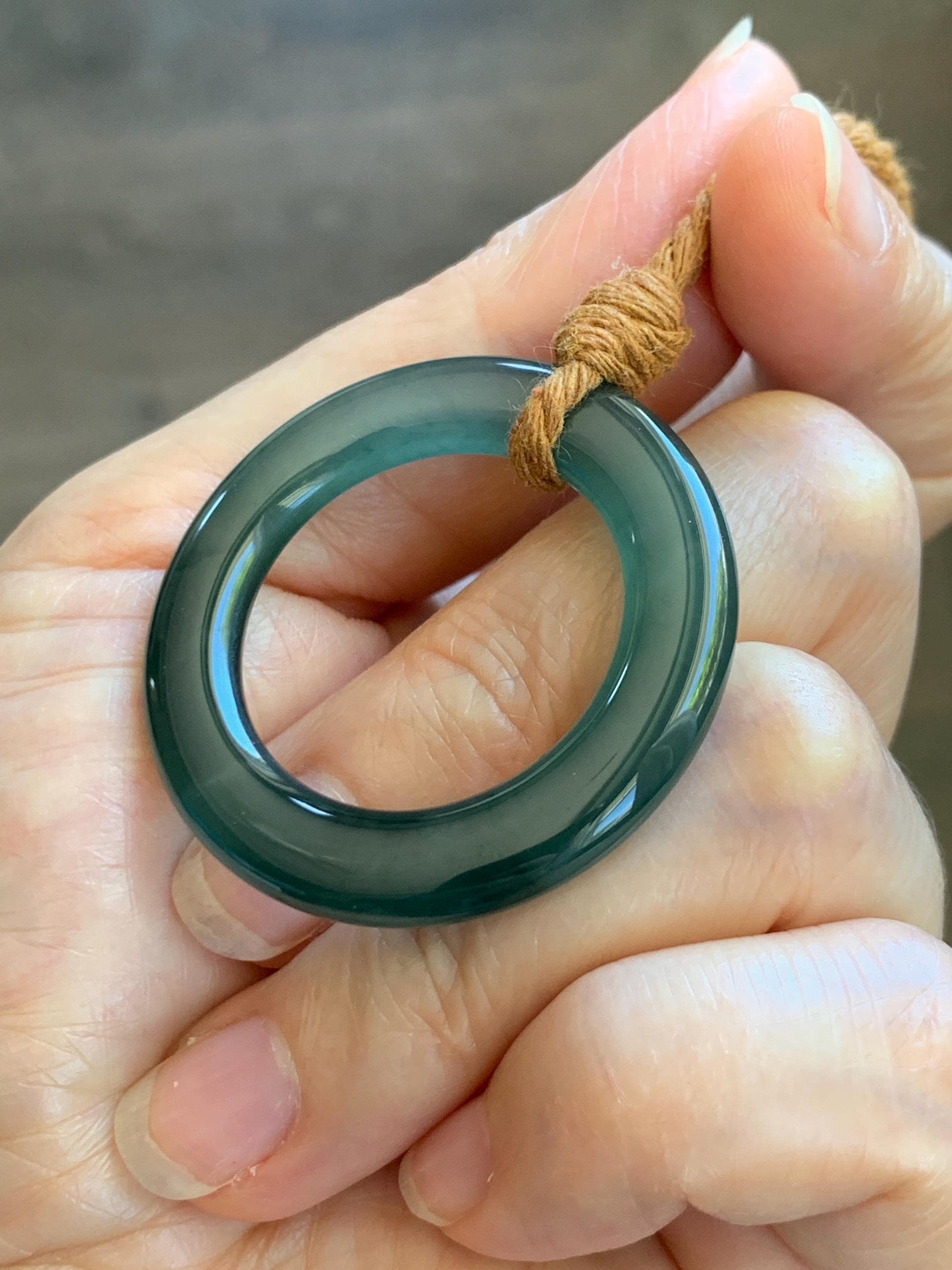 Natural Grade A Guatemalan Icy Translucent Dark Teal Green Jade Jadeite Ping An Kou Ring Pendant Rope Necklace 26” 11g 天然冰胶危深蓝绿翡翠平安圈吊坠WTQ165