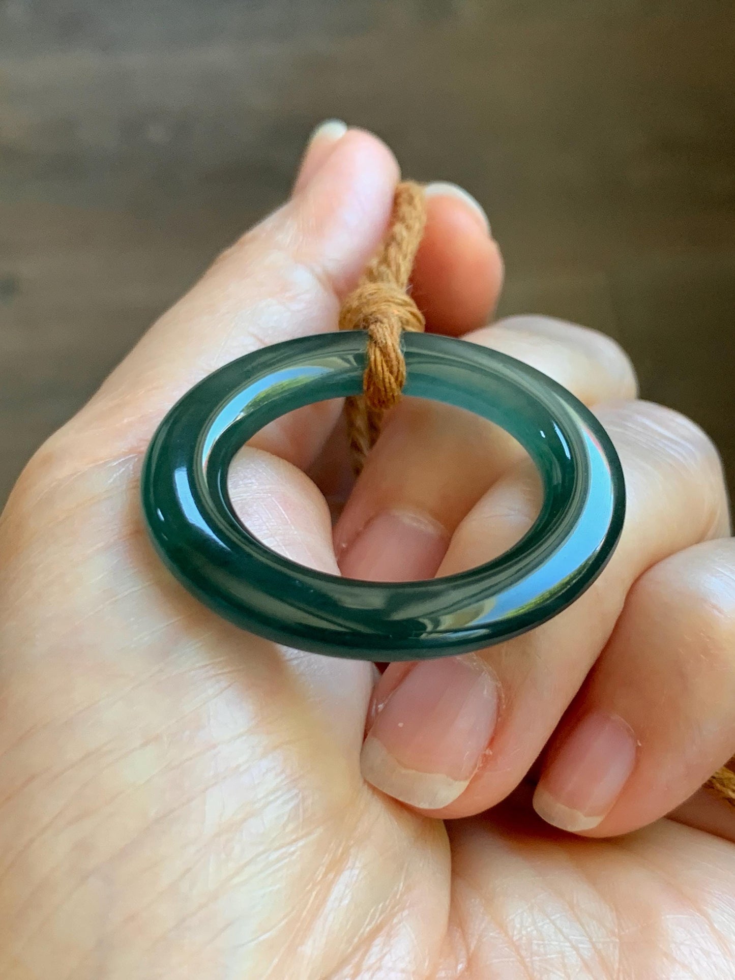 Natural Grade A Guatemalan Icy Translucent Dark Teal Green Jade Jadeite Ping An Kou Ring Pendant Rope Necklace 26” 11g 天然冰胶危深蓝绿翡翠平安圈吊坠WTQ165