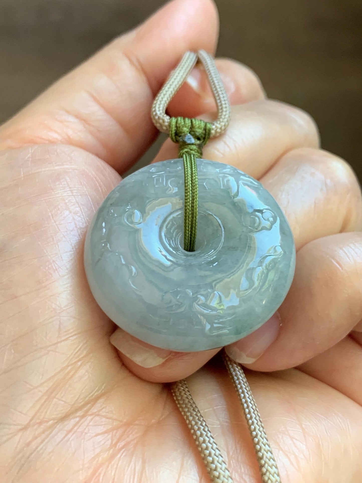 Natural Grade A Icy Translucent Dusty Blue Marbled Jade Jadeite Engraved Ping An Kou Donut Pendant Rope Necklace 24” 天然冰胶蓝底飘花翡翠仿古平安扣项链MPK198