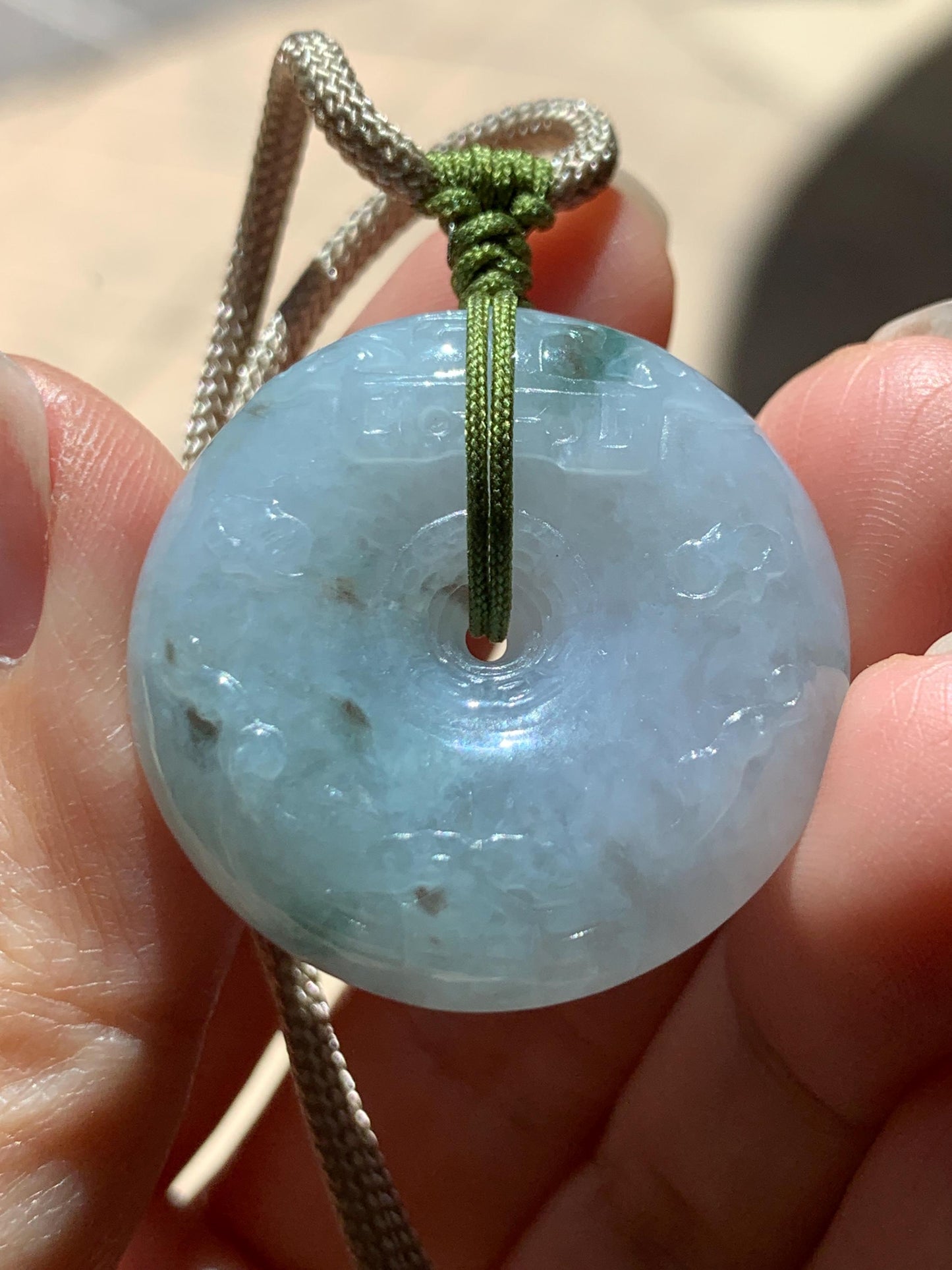 Natural Grade A Icy Translucent Dusty Blue Marbled Jade Jadeite Engraved Ping An Kou Donut Pendant Rope Necklace 24” 天然冰胶蓝底飘花翡翠仿古平安扣项链MPK198
