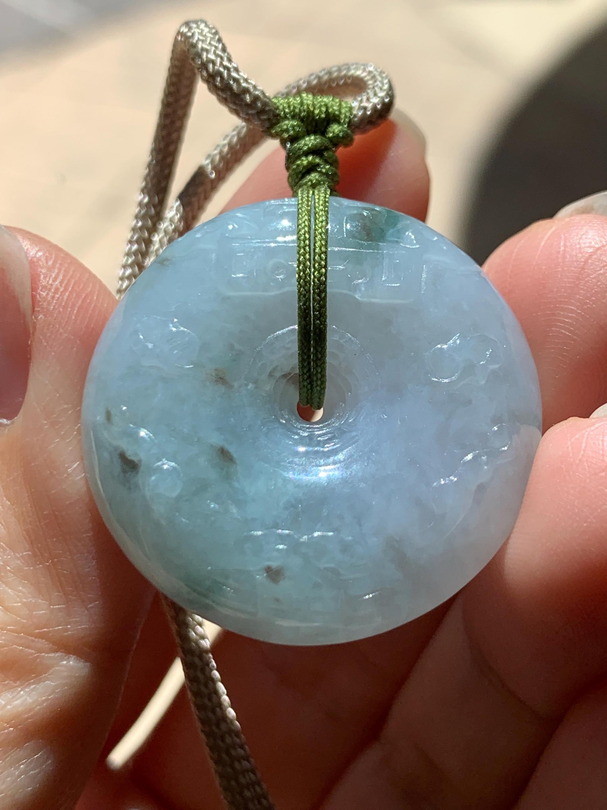 Natural Grade A Icy Translucent Dusty Blue Marbled Jade Jadeite Engraved Ping An Kou Donut Pendant Rope Necklace 24” 天然冰胶蓝底飘花翡翠仿古平安扣项链MPK198
