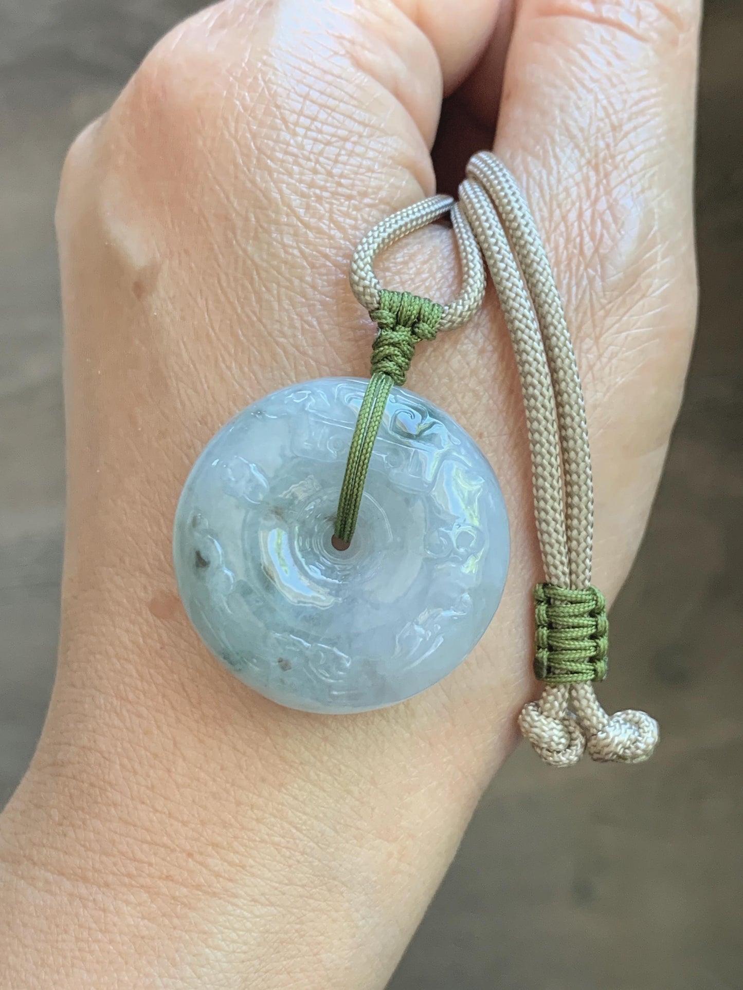 Natural Grade A Icy Translucent Dusty Blue Marbled Jade Jadeite Engraved Ping An Kou Donut Pendant Rope Necklace 24” 天然冰胶蓝底飘花翡翠仿古平安扣项链MPK198