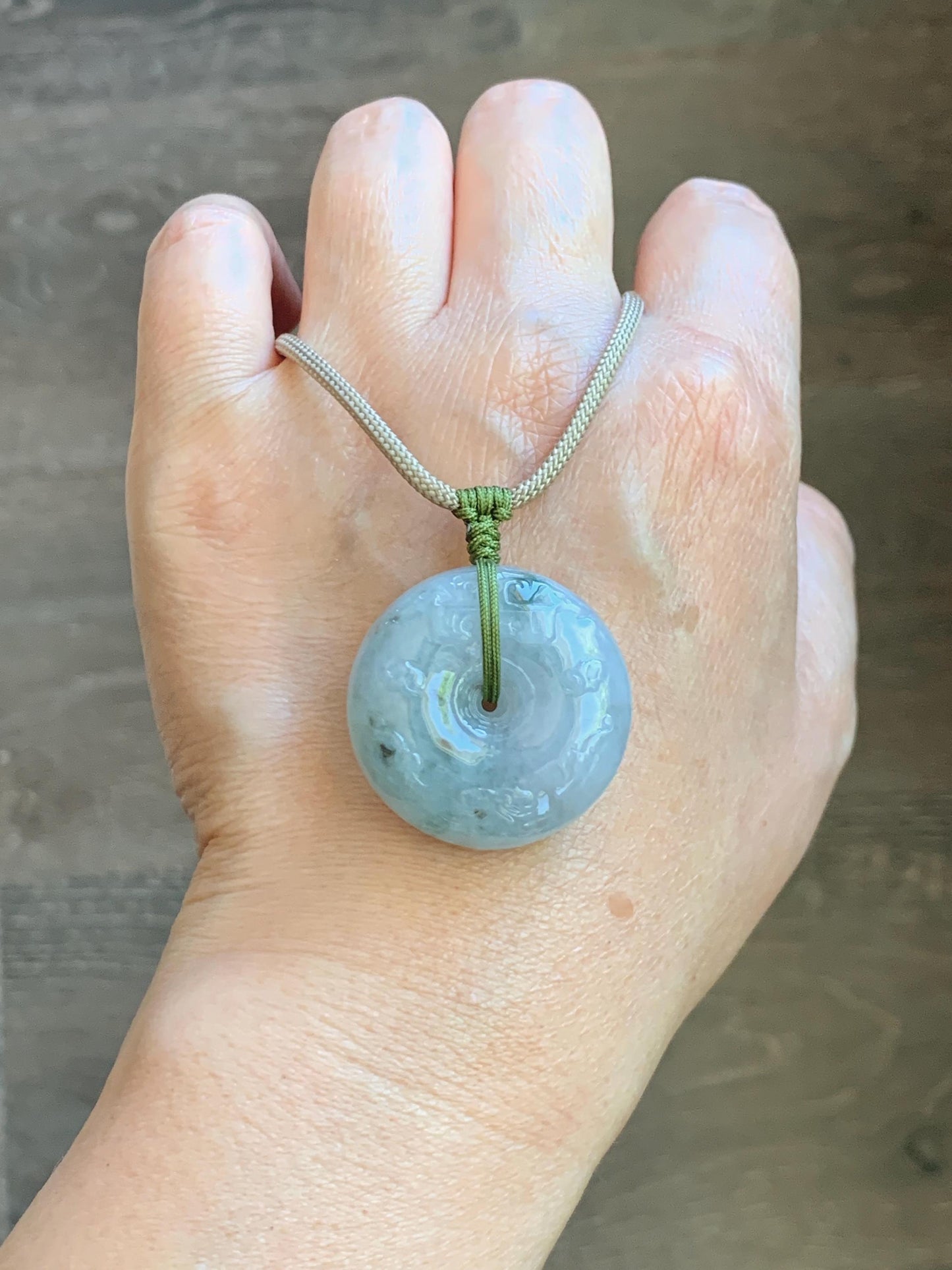 Natural Grade A Icy Translucent Dusty Blue Marbled Jade Jadeite Engraved Ping An Kou Donut Pendant Rope Necklace 24” 天然冰胶蓝底飘花翡翠仿古平安扣项链MPK198