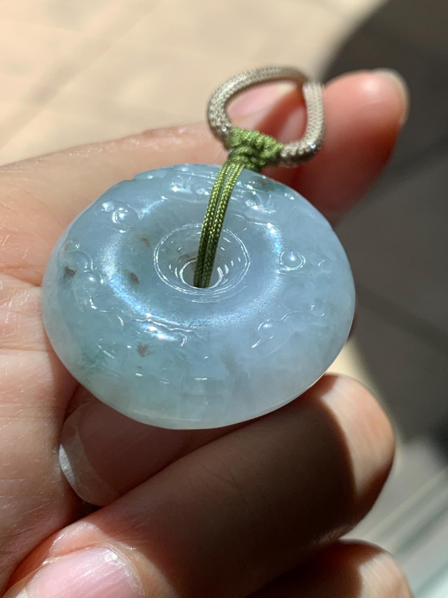 Natural Grade A Icy Translucent Dusty Blue Marbled Jade Jadeite Engraved Ping An Kou Donut Pendant Rope Necklace 24” 天然冰胶蓝底飘花翡翠仿古平安扣项链MPK198