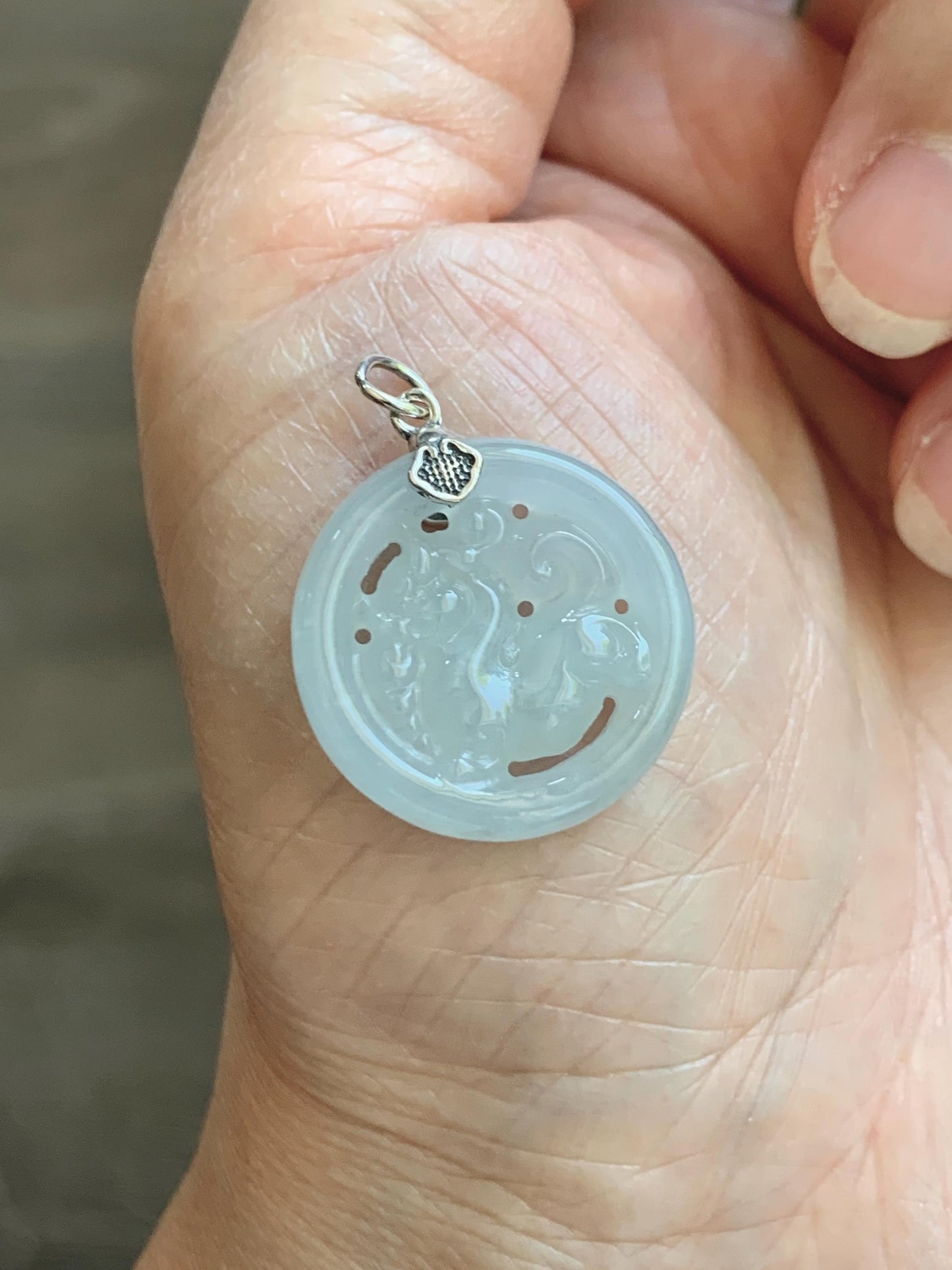 Natural Grade A Icy Translucent White Pale Green Undertone Jade Jadeite Openwork Qi Lin Pendant Sterling Silver 4g 天然冰胶淡青底翡翠镂空雕麒麟吊坠 MKA240Q