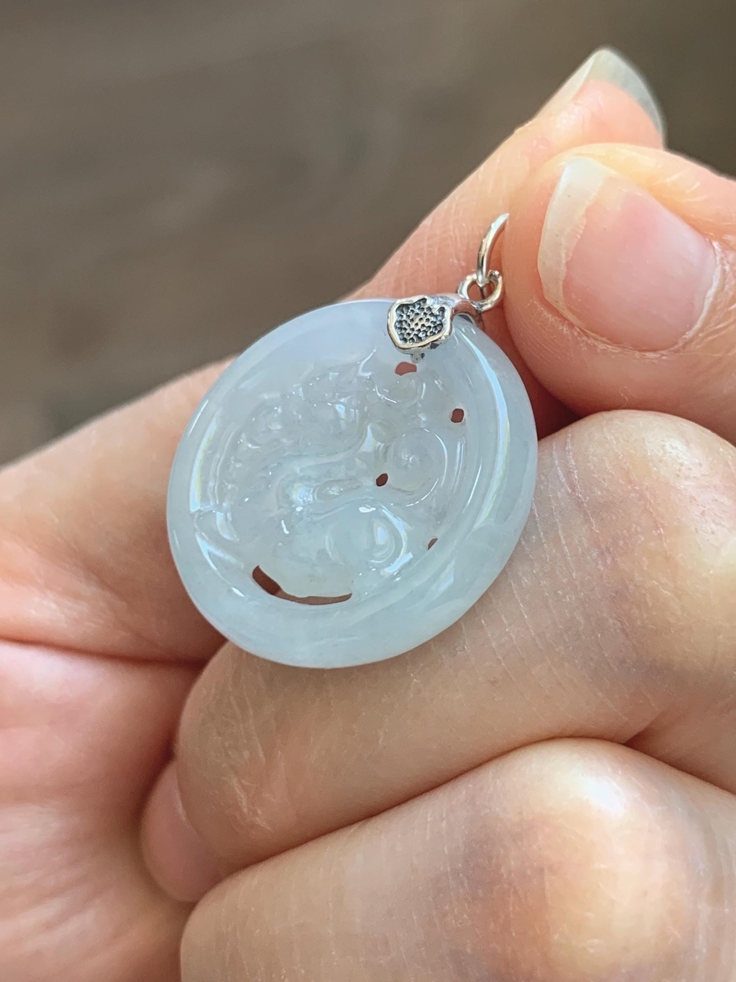 Natural Grade A Icy Translucent White Pale Green Undertone Jade Jadeite Openwork Qi Lin Pendant Sterling Silver 4g 天然冰胶淡青底翡翠镂空雕麒麟吊坠 MKA240Q