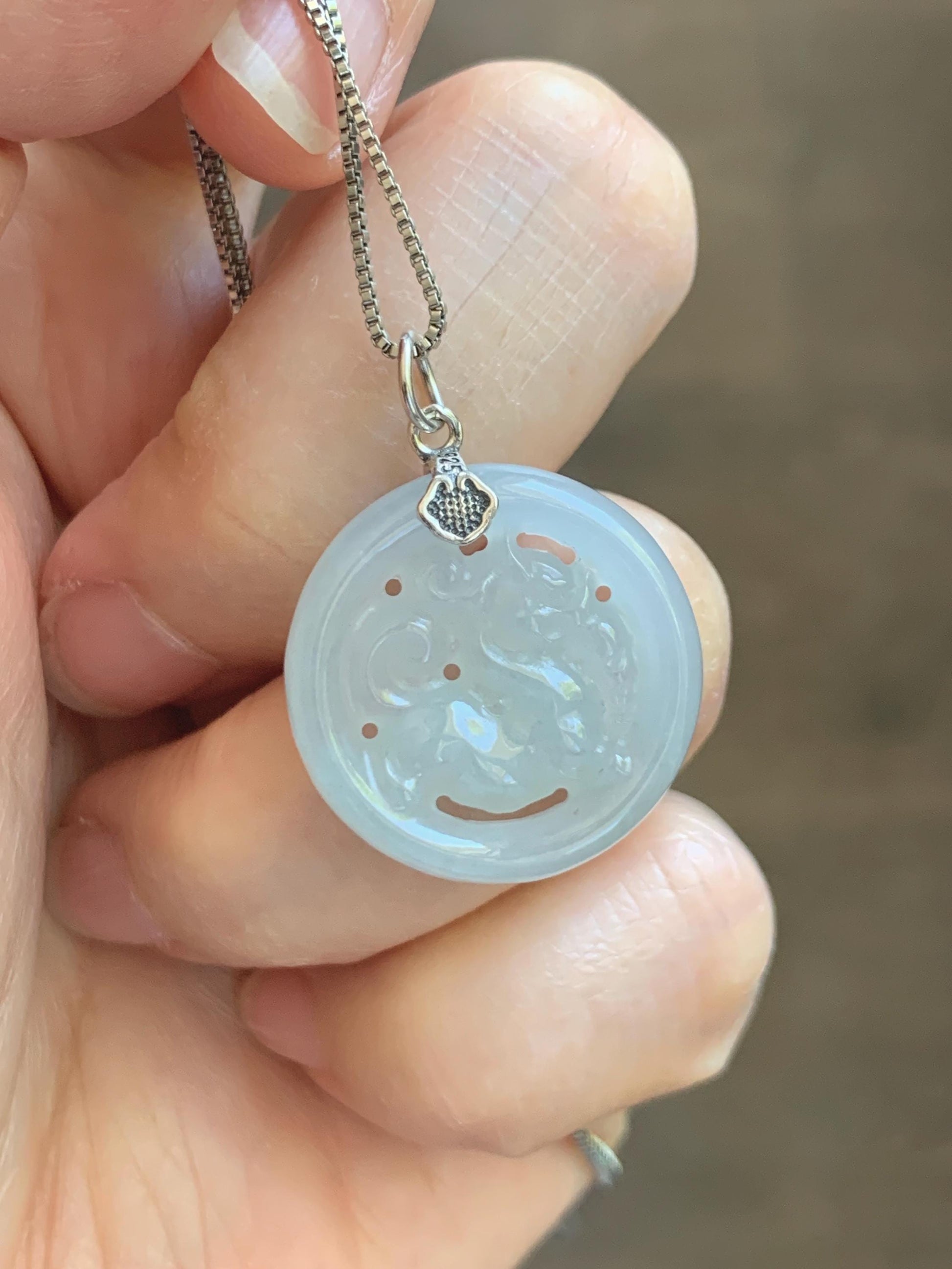 Natural Grade A Icy Translucent White Pale Green Undertone Jade Jadeite Openwork Qi Lin Pendant Sterling Silver 4g 天然冰胶淡青底翡翠镂空雕麒麟吊坠 MKA240Q