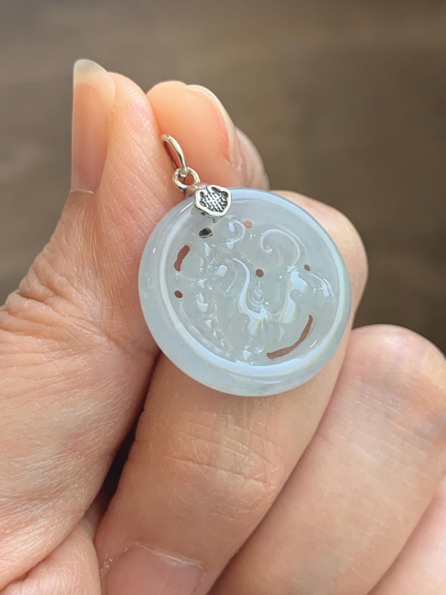 Natural Grade A Icy Translucent White Pale Green Undertone Jade Jadeite Openwork Qi Lin Pendant Sterling Silver 4g 天然冰胶淡青底翡翠镂空雕麒麟吊坠 MKA240Q