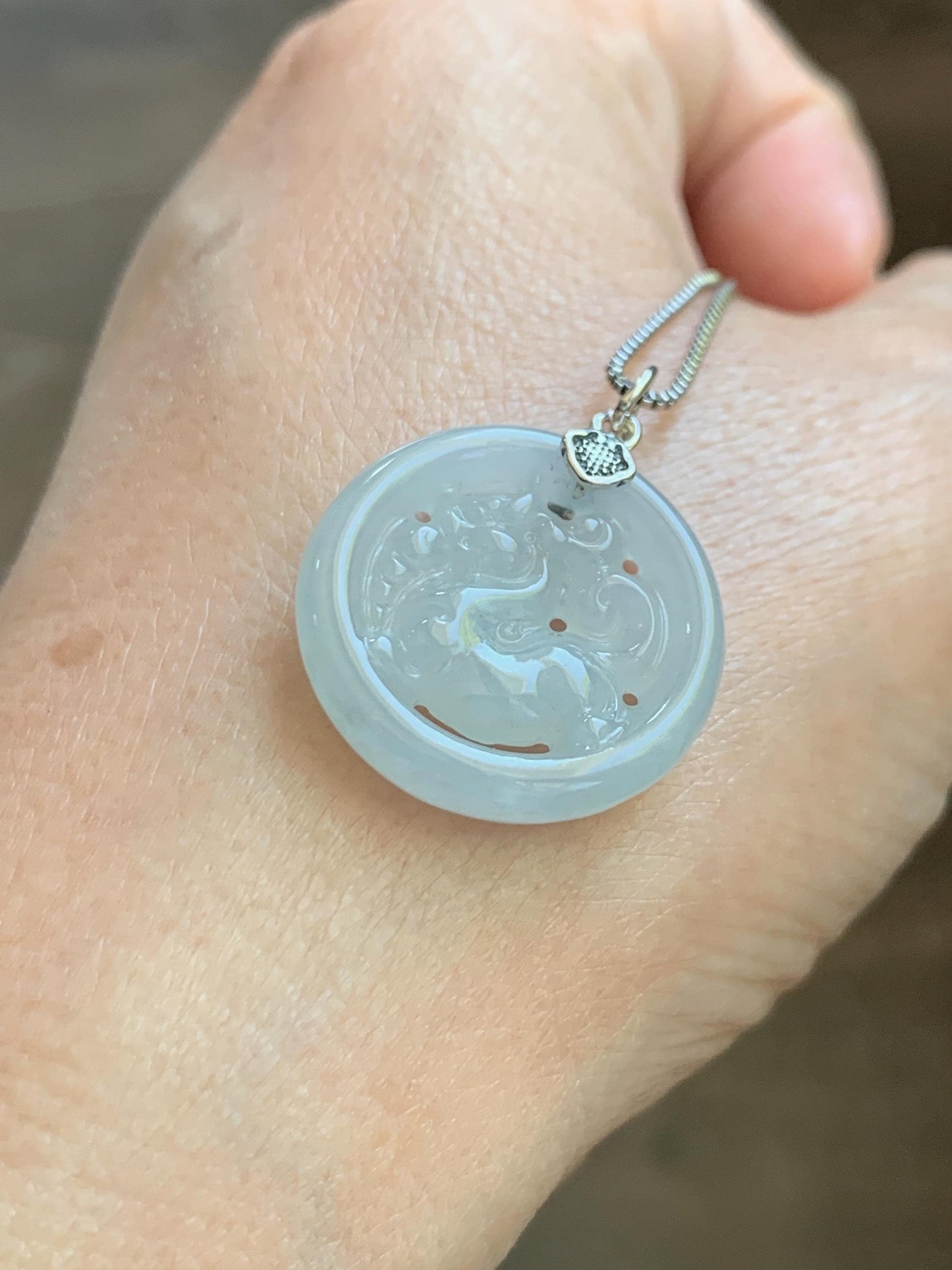 Natural Grade A Icy Translucent White Pale Green Undertone Jade Jadeite Openwork Qi Lin Pendant Sterling Silver 4g 天然冰胶淡青底翡翠镂空雕麒麟吊坠 MKA240Q