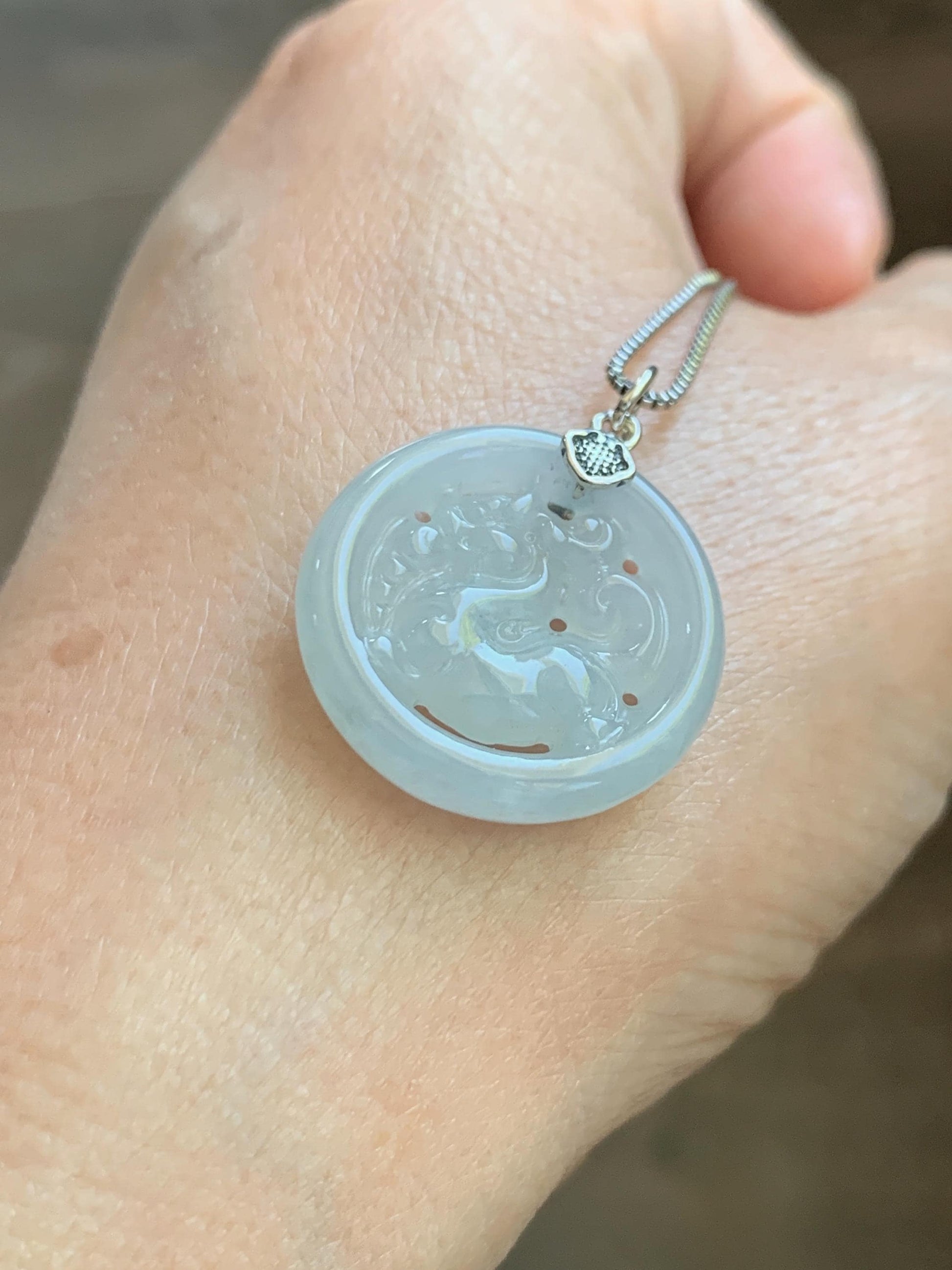 Natural Grade A Icy Translucent White Pale Green Undertone Jade Jadeite Openwork Qi Lin Pendant Sterling Silver 4g 天然冰胶淡青底翡翠镂空雕麒麟吊坠 MKA240Q