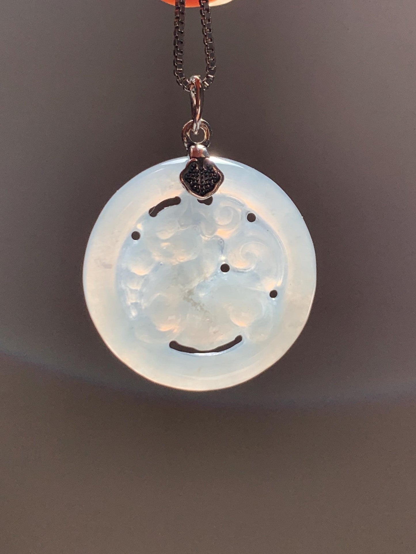 Natural Grade A Icy Translucent White Pale Green Undertone Jade Jadeite Openwork Qi Lin Pendant Sterling Silver 4g 天然冰胶淡青底翡翠镂空雕麒麟吊坠 MKA240Q