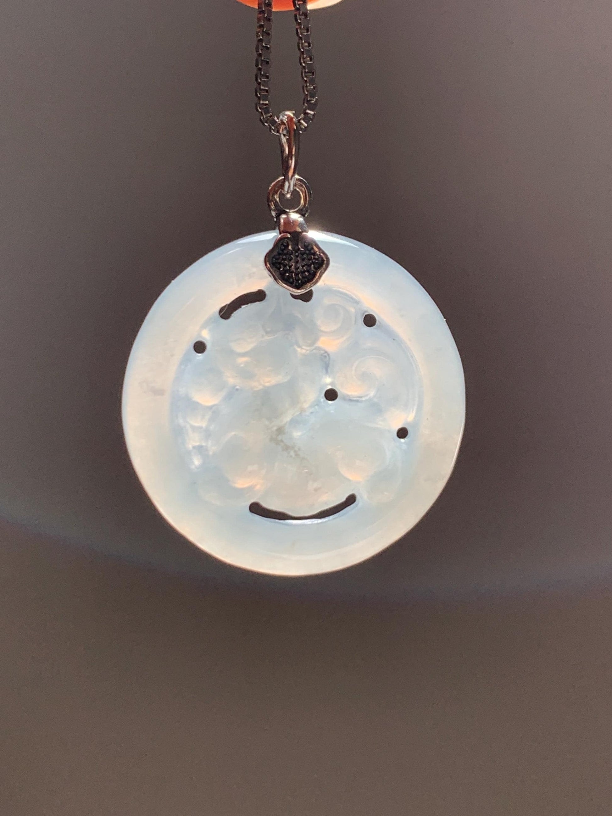 Natural Grade A Icy Translucent White Pale Green Undertone Jade Jadeite Openwork Qi Lin Pendant Sterling Silver 4g 天然冰胶淡青底翡翠镂空雕麒麟吊坠 MKA240Q