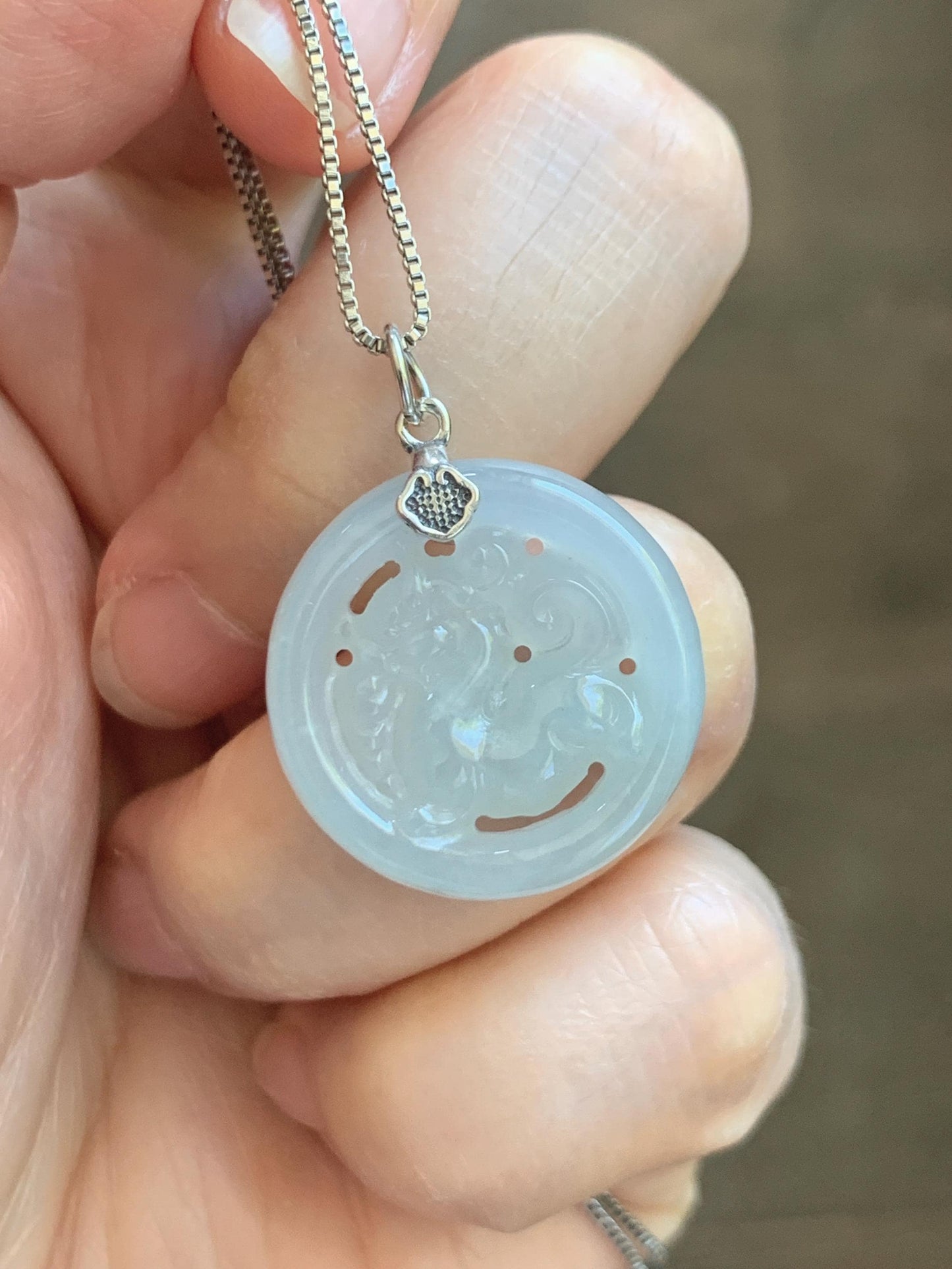 Natural Grade A Icy Translucent White Pale Green Undertone Jade Jadeite Openwork Qi Lin Pendant Sterling Silver 4g 天然冰胶淡青底翡翠镂空雕麒麟吊坠 MKA240Q